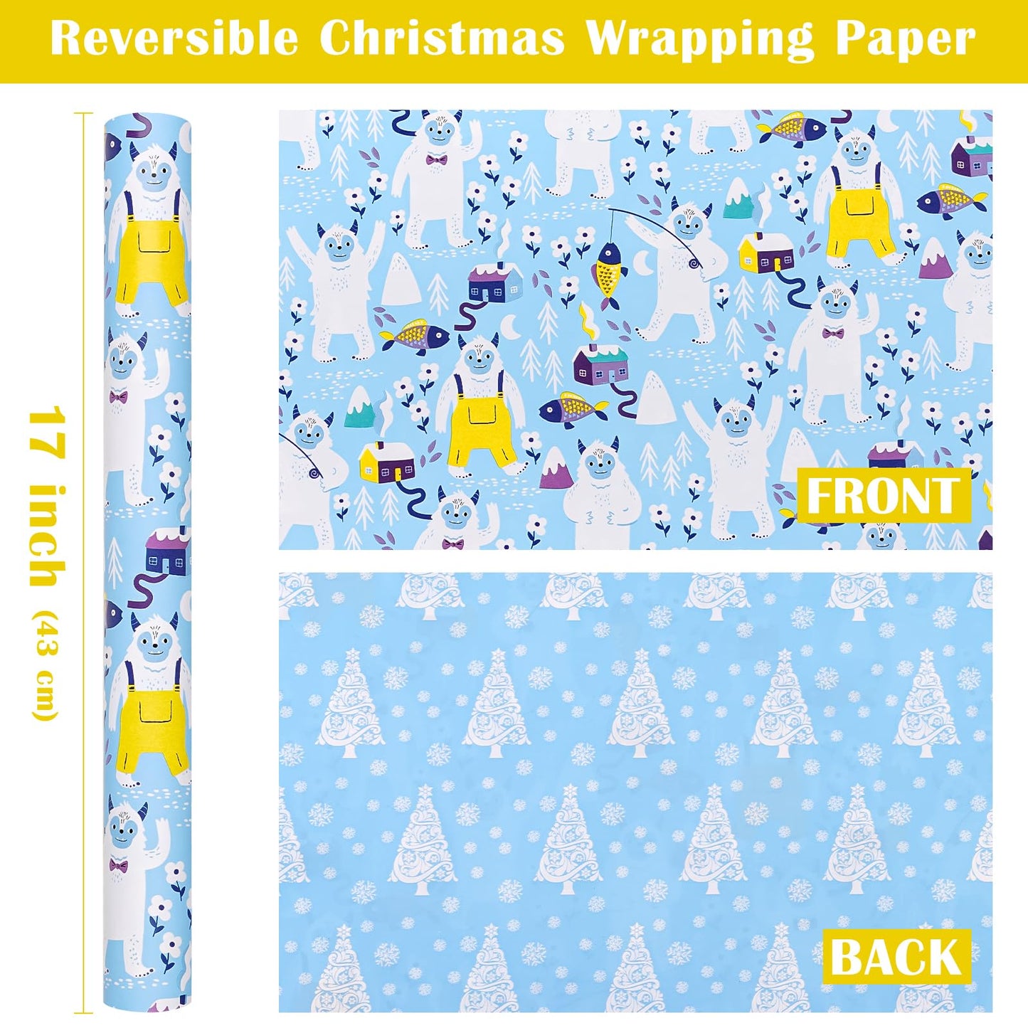 Reversible Christmas Wrapping Paper - Mini Roll - 17 Inch x 33 Feet - Winter Snow Monster and Christmas Tree Wrapping Paper for Xmas Holiday, Party Celebration