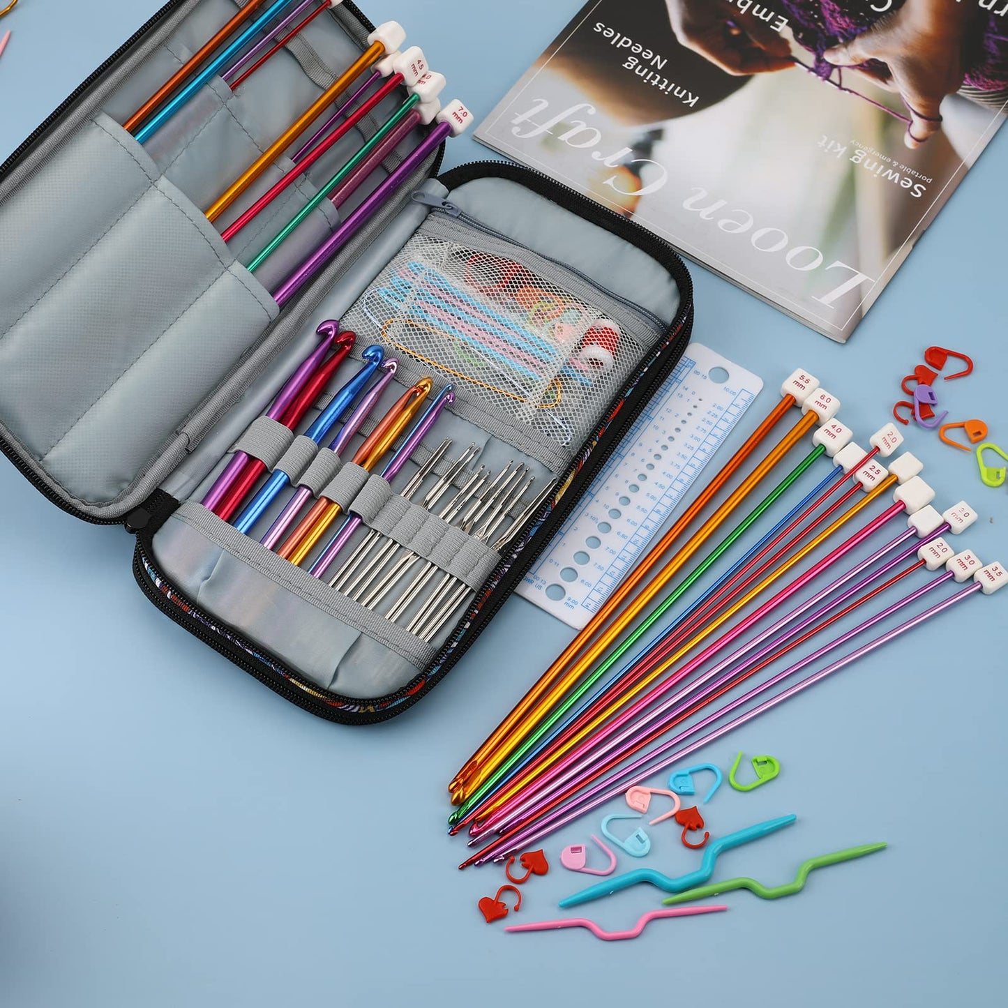 LOOEN Aluminum Tunisian Crochet Hooks Set Afghan Knitting Needles Kit with Long Case,11pcs 2mm/B-8mm/L Hooks and Necessary Accessories,Gift for Mom (Flower)