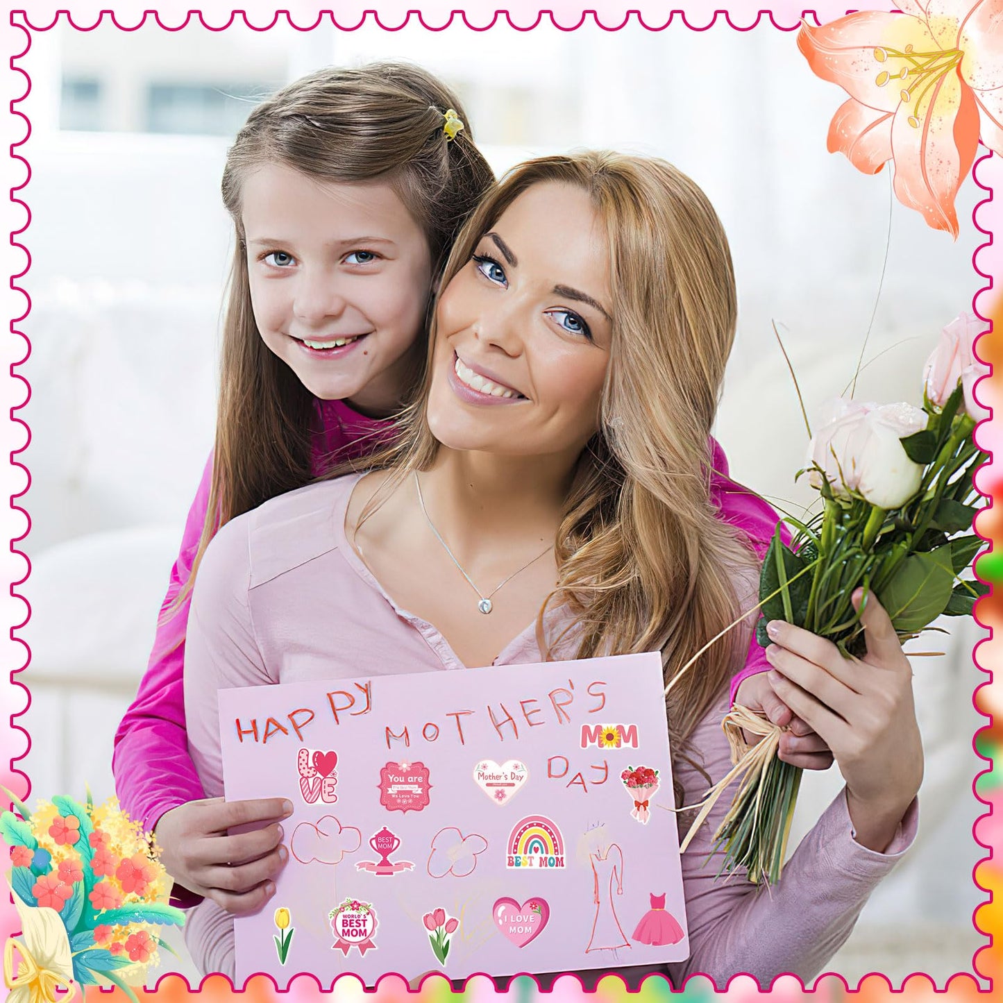 JULBEAR Mother's Day Foam Stickers, 300pcs Themed Hearts Tulip Flowers for DIY Craft Gift Cards Box Party Decoration