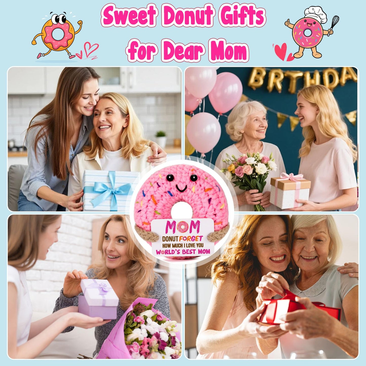 BuiltFit Mom Gifts for Mothers Day - Funny Mother's Day Birthday Handmade Crochet Donut Gift for Mom Mama Mother Mommy from Daughter Son Best Mothers Ever Gifts