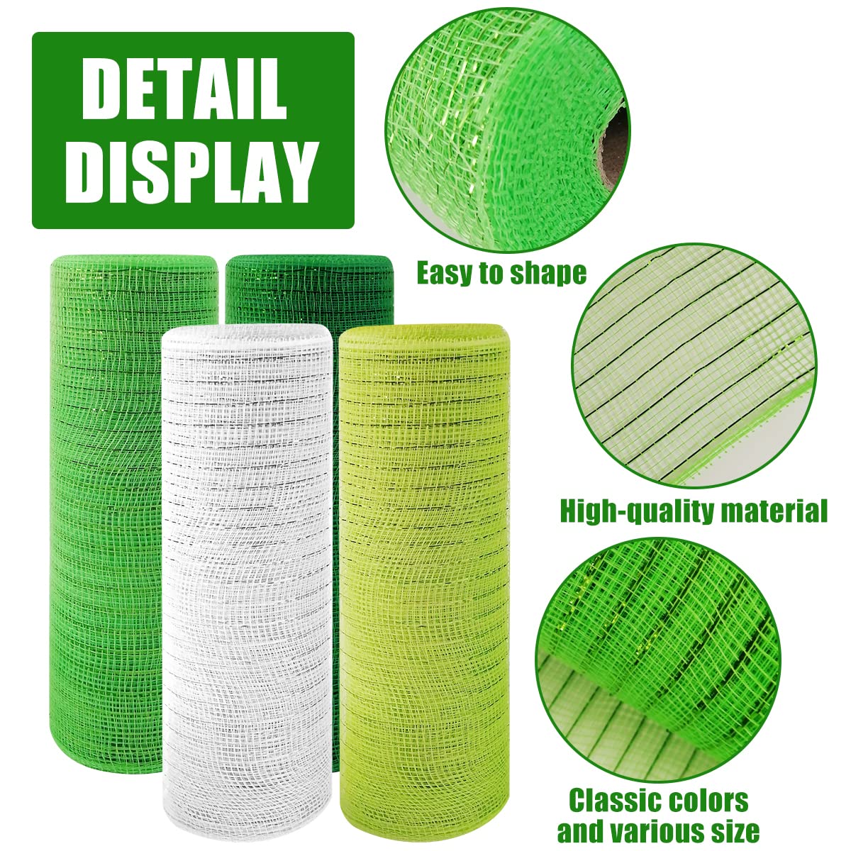 4 Roll St. Patrick's Day Poly Mesh Ribbon, St. Patrick's Day Green White Wired Edge Ribbon 10 Inch x 30 feet Poly Decorations Mesh Ribbon for St. Patrick's Day Holiday Craft Wreaths Decorating