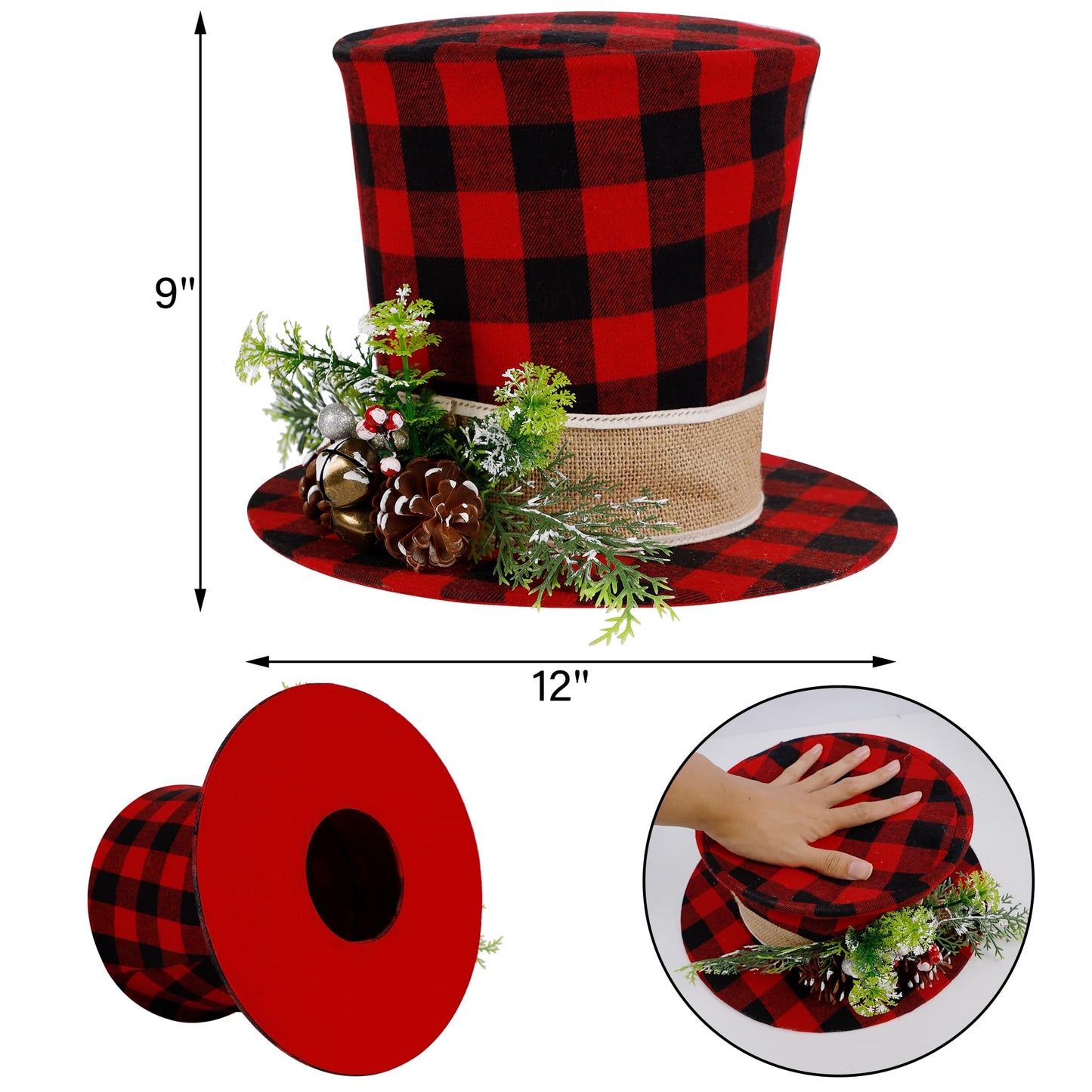 Prsildan Christmas Plaid Top Hat Tree Topper with Pine Cones, Berries, and Bells - Holiday Decor