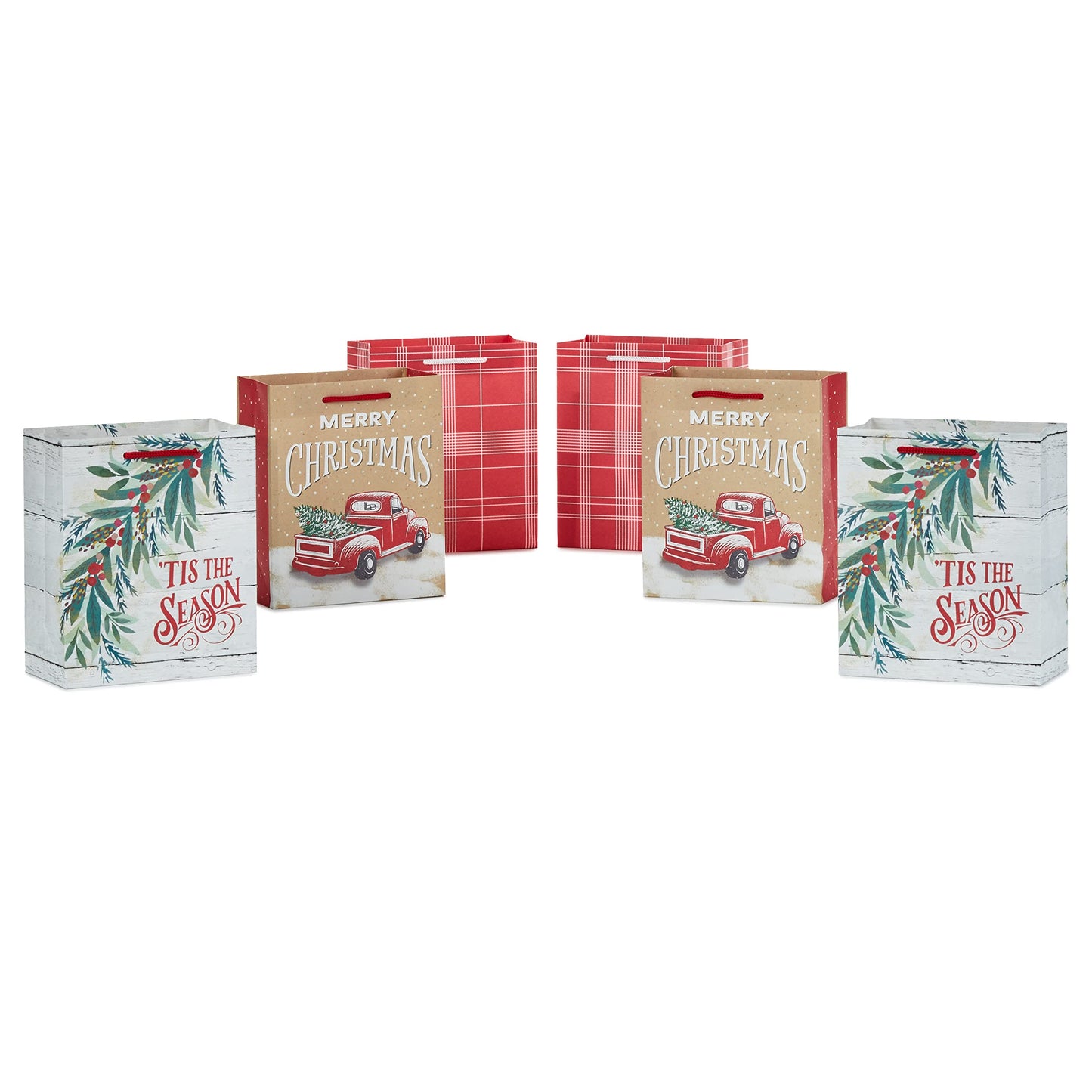 6" Small Rustic Christmas Gift Bag Bundle (6 Bags: Red Truck, 'Tis the Season, Red and White Plaid) for Gift Cards, Teacher Presents, Holiday Party Favors