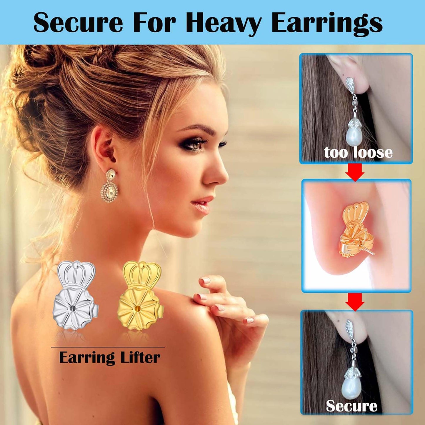 3 Pairs Earring Backs Lifters,Adjustable Silver Earring Backs for Droopy Ears,Hypoallergenic Earring Backs for Heavy Earring (Silver)
