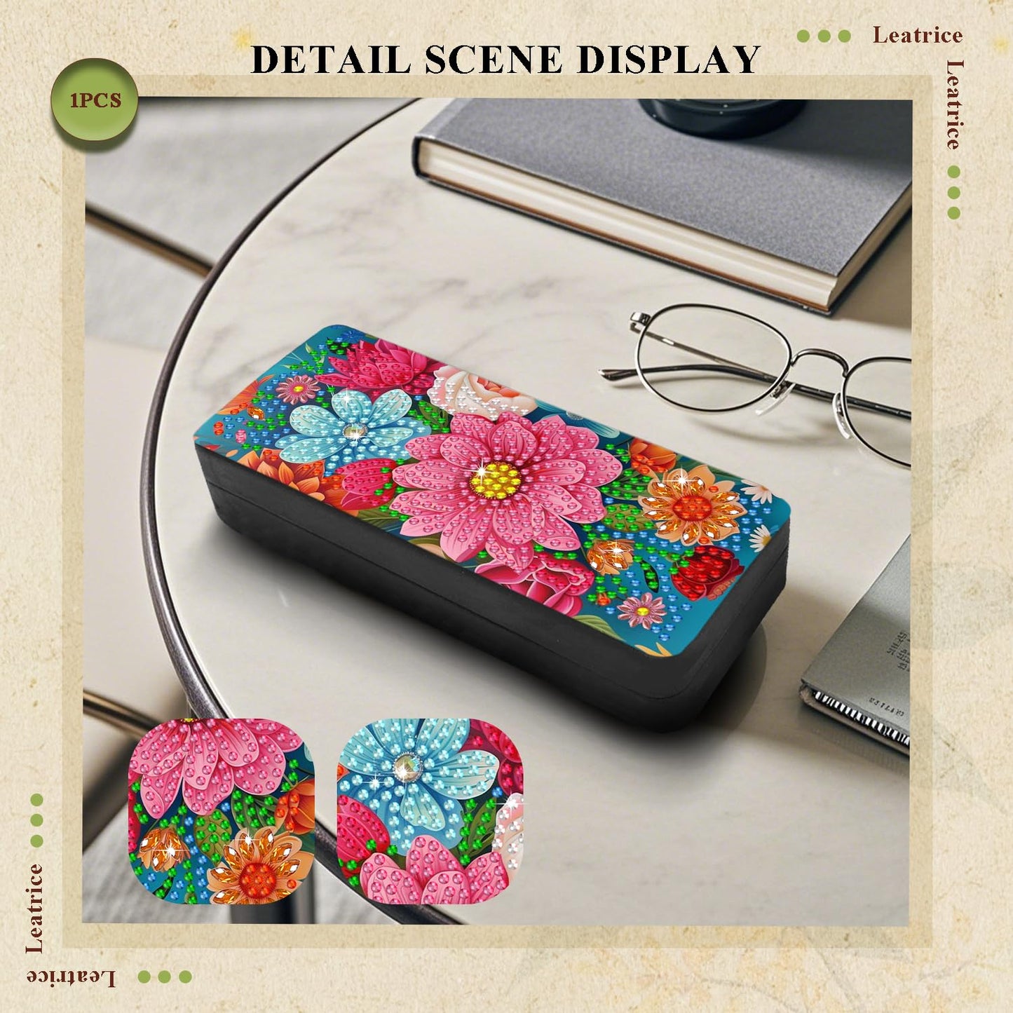 Leatrice Flower Diamond Art Kits for Adults Small Diamond Painting Kits Diamond Dots Gem Art Painting DIY Eyeglasses Case with Special Shaped Rhinestone for Beginner Women