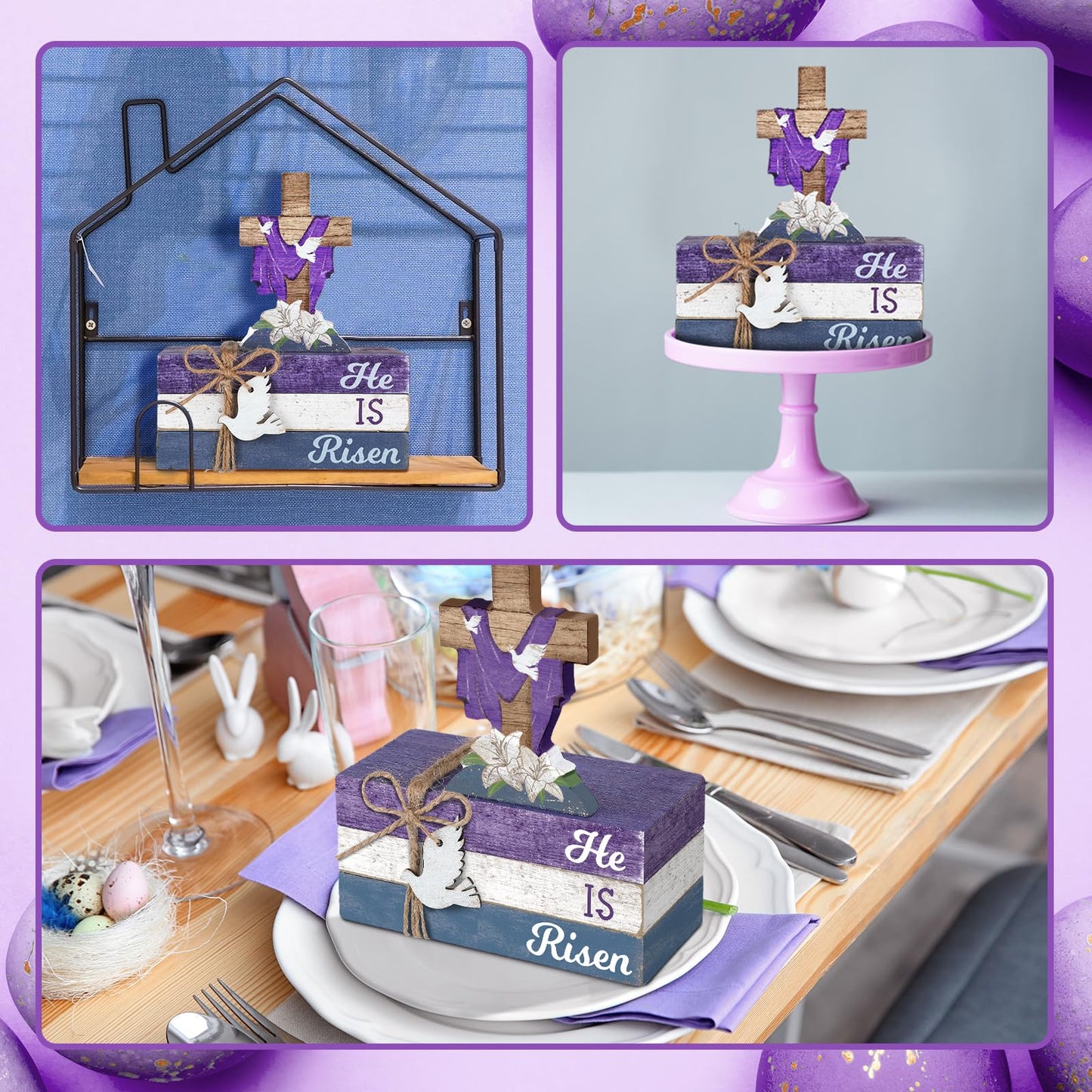 Ferraycle 4 Pcs Easter Decorations He is Risen Wooden Table Sign Religious Wood Centerpiece Easter Cross Blocks Farmhouse Tiered Tray Decor for Fireplace Home Kitchen Table Shelf Decor