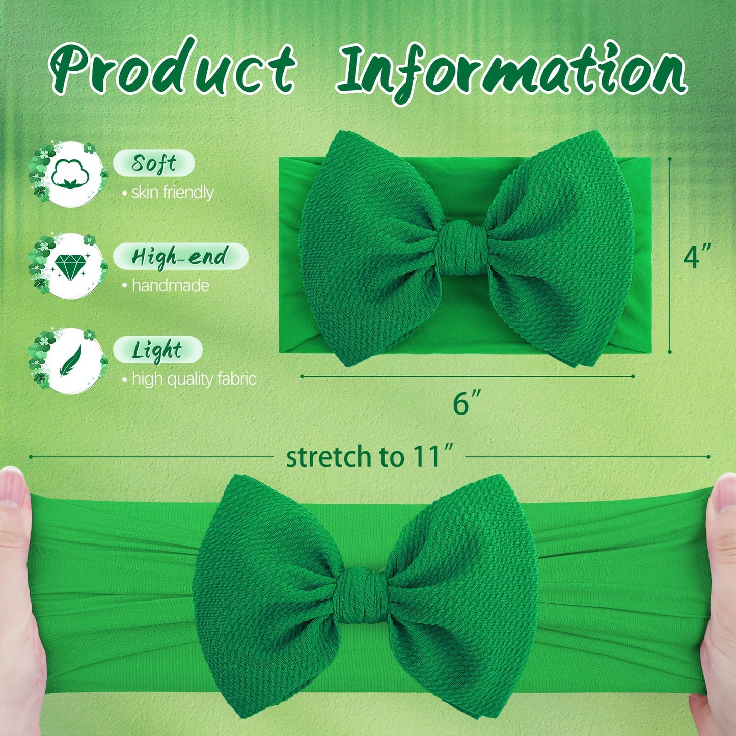 St.Patrick's Day Hair Accessories for Infant Baby Girls, Green Headbands with Bows, Shamrock Print, Nylon Hairbands, 2 Count