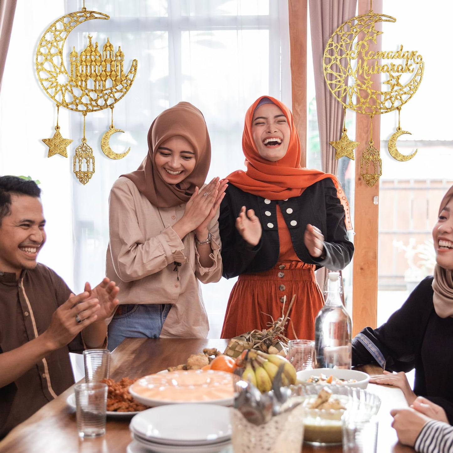 2 Pieces Eid Mubarak Door Sign Wooden Hanging Signs, Ramadan Kareem Hollow Ornament Decorations Moon and Stars, Moon Shape Ramadan Mubarak Party Wood Wall Hanger for Islamic Muslim Home Decor