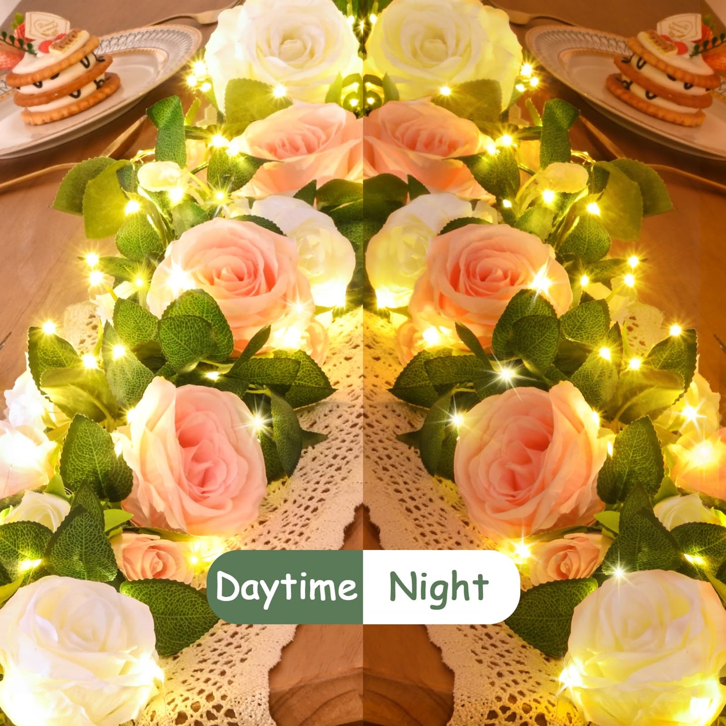 4 Pcs Flower Garland with 39.2 Ft Lights, 26.4 Ft Pink & White Floral Garland Fake Flowers for Wedding Arch Party Wall Garden Room Decor