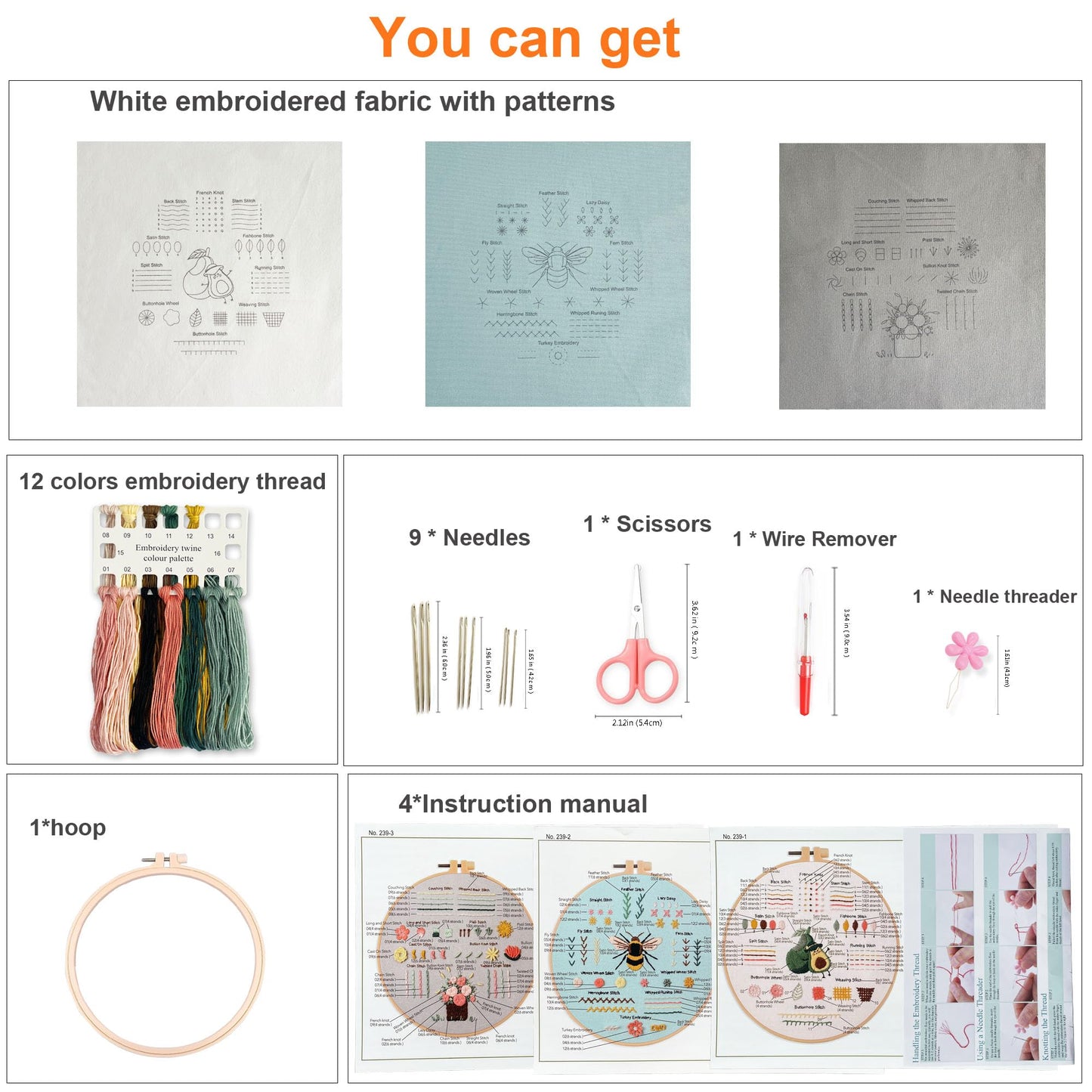3 Embroidery kit for Beginners, Beginner Embroidery Kit for Adults. Starter Kits to Learn 28 Different Stitches, Including Fabric with Prints, Threads, Needles, Hoop and Video tutorials…