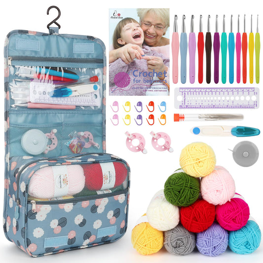 Crochet Kit for Beginners with 10 Colors Yarn and Introduction Book, 48pcs Crochet Starter Kit Everything for Adult, Learn to Crochet Kit with Soft Grip Crochet Hooks and Blue Flower Bag
