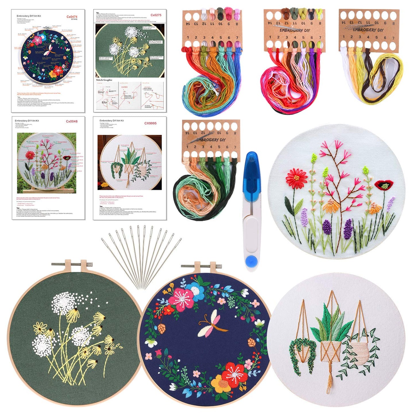 4 Sets Embroidery Starter Kit with Pattern and Instructions Cross Stitch Kit Includes 4Pcs Embroidery Clothes with Floral Pattern, 2 Pcs Embroidery Hoops, Scissor, Color Threads Needle Kit