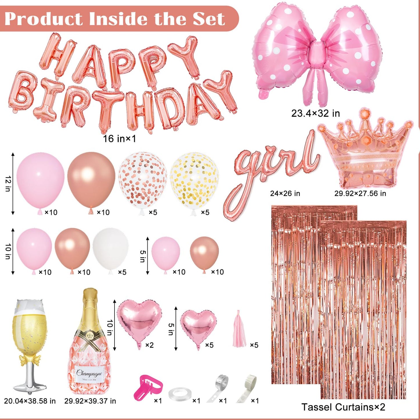 Ouddy Life Rose Gold Birthday Decorations for Women Girls, Happy Birthday Champagne Bottle Crown Heart Bow Foil Confetti Balloons Fringe Curtains Paper Tassel for 16th 18th 21st 24th Birthday Decor
