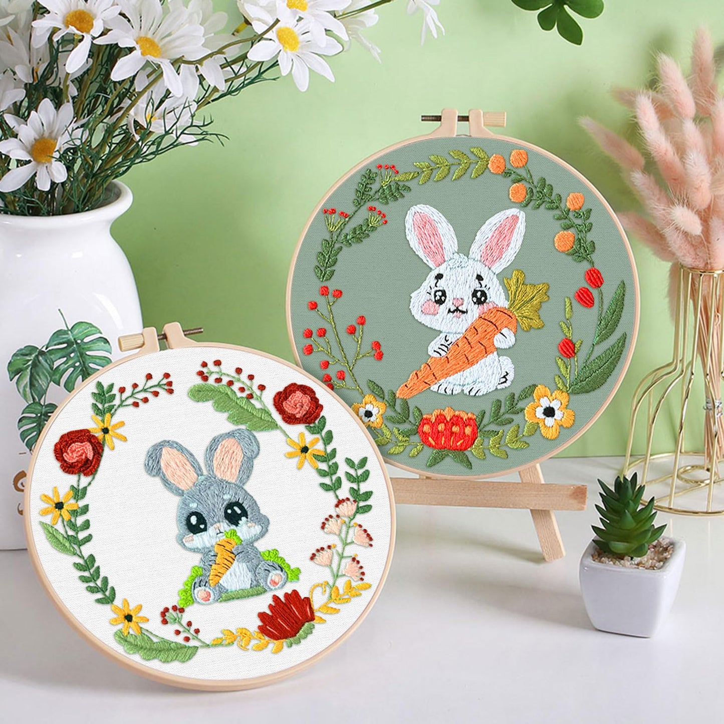 4 Sets Embroidery Kit, Animal Cross Stitch Set for Include Embroidery Cloth Hoops Threads for Craft Lover Hand Stitch (Rabbit)