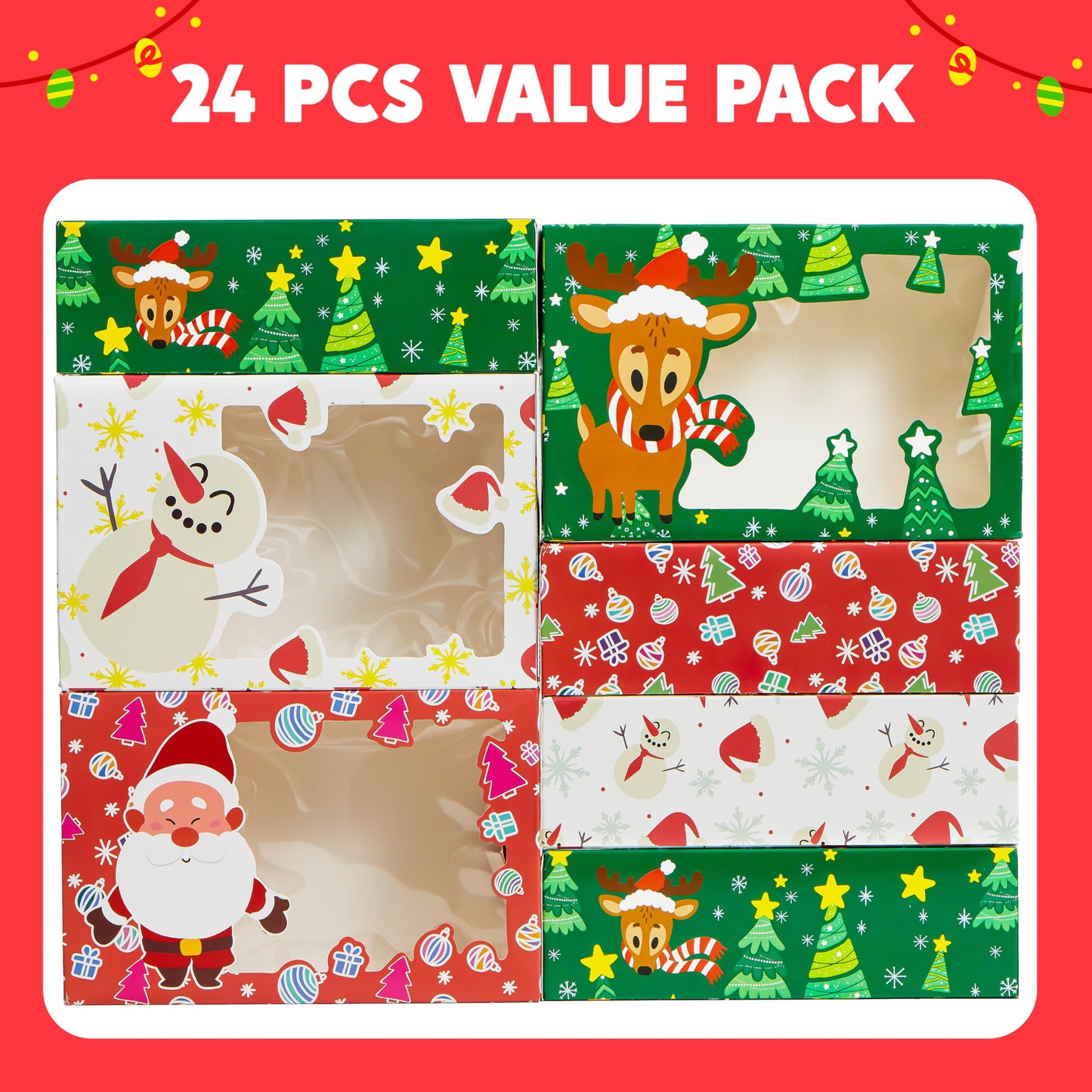 24 PCS Christmas Foil Treats Cookie Gift Boxes (8.75" x 5.75" x 2.75") Colorful Pattern Bakery Box with Window for Xmas Holiday Birthday Party Pastries, Cupcakes, Brownies, Donuts Gift-Giving