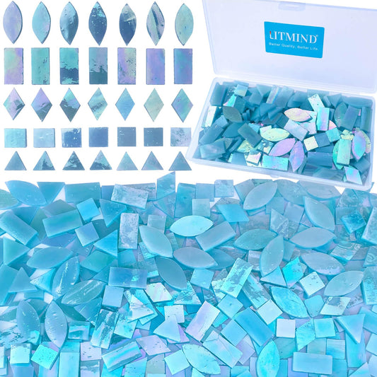 LITMIND Iridescent Glass Mosaic Tiles for Crafts, 240 Pieces 5 Shapes Mixed Stained Glass Sheets, Mosaic Kits for Adults (Iridescent Aqua)
