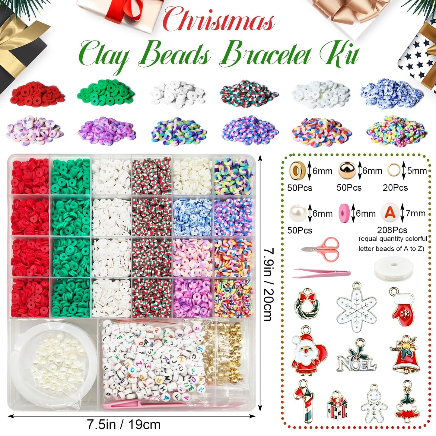 Dayify Christmas Bracelet Making Kit, Christmas Clay Beads Kit for Bracelets, Gold Beads Letter Beads Friendship Bracelet Kit with Christmas Charms for Jewelry DIY Craft Girls Adults Gift