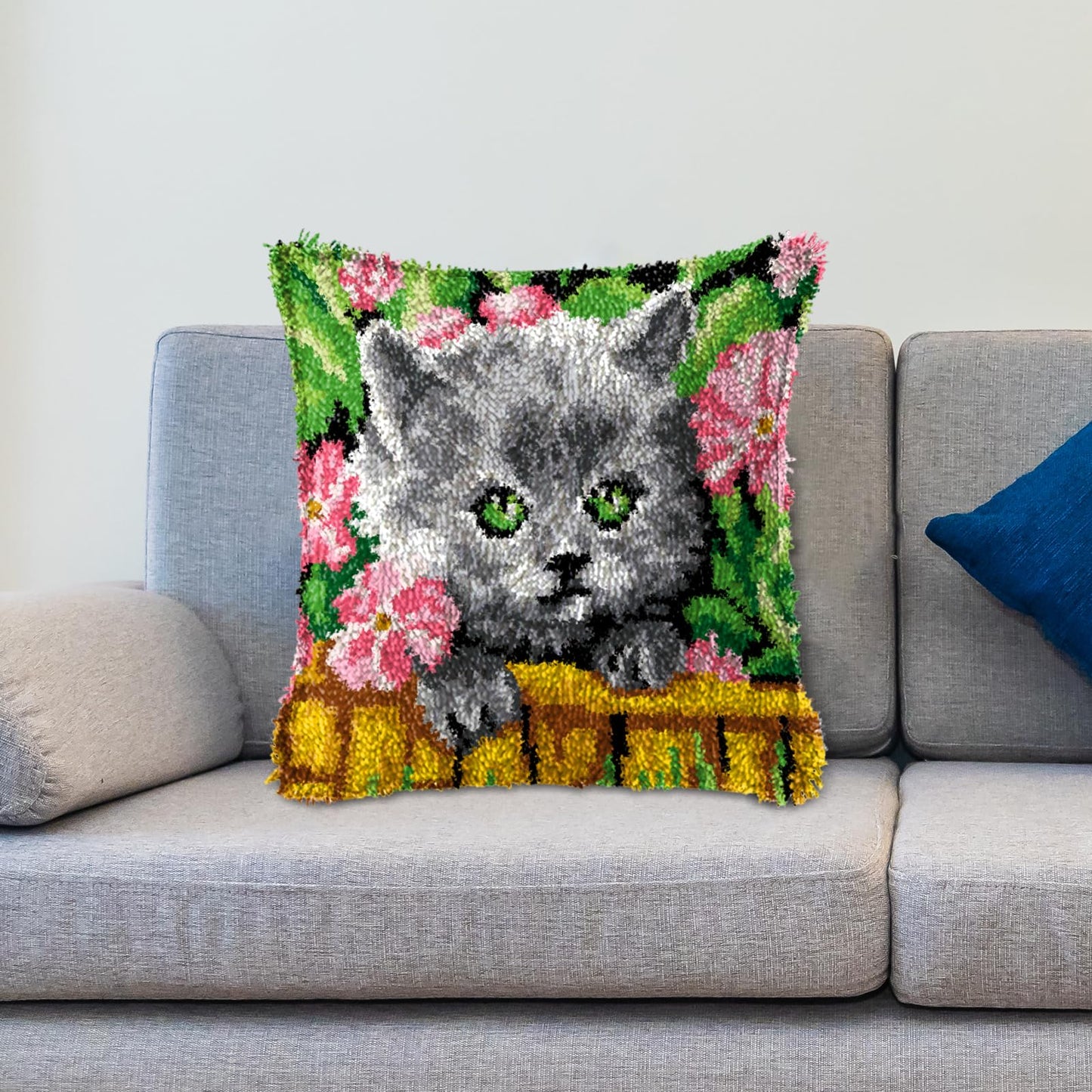 Latch Hook Kits for DIY Throw Pillow Cover,Flower Cat Needlework Cushion Cover Hand Craft Crochet 17X17inch
