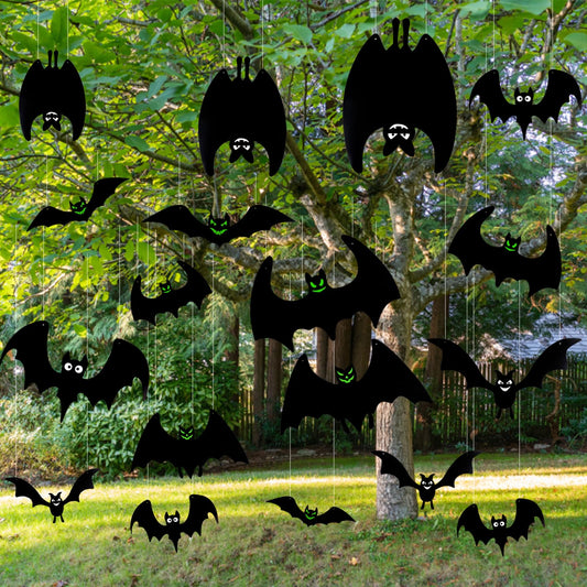 CCINEE 24Pcs Halloween Hanging Bats Decorations Assorted Size Plastic Flying Bats with Glowing Eyes Realistic Scarty Large Black Hanging Bats for Front Door Indoor Outdoor Yard Lawn Tree Party Decor