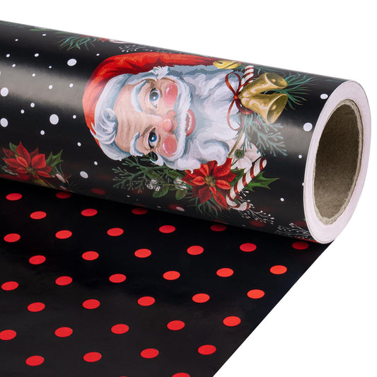 Christmas Reversible Wrapping Paper Roll for Women Men, Mini Roll, Vintage Santa Claus and Red Polka Dot Design, Black Gift Wrap for Christmas Party, Holiday Gifts, 17 Inches x 32.8 Feet