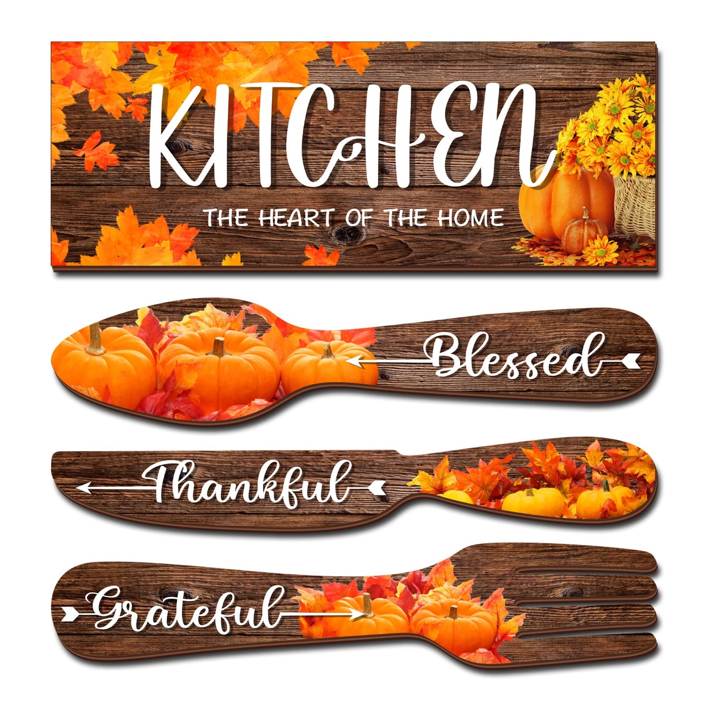 YLOLUL 4 Pieces Fall Pumpkin Kitchen Decor Eat Sign Set Fork and Spoon Wooden Hanging Wall Decor Art Rustic Country Farmhouse Kitchen Maple Fall Wall Art Sign for Dining Room Home