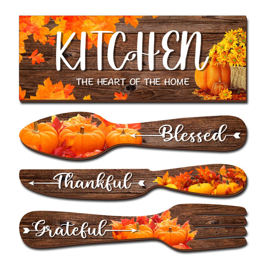 YLOLUL 4 Pieces Fall Pumpkin Kitchen Decor Eat Sign Set Fork and Spoon Wooden Hanging Wall Decor Art Rustic Country Farmhouse Kitchen Maple Fall Wall Art Sign for Dining Room Home