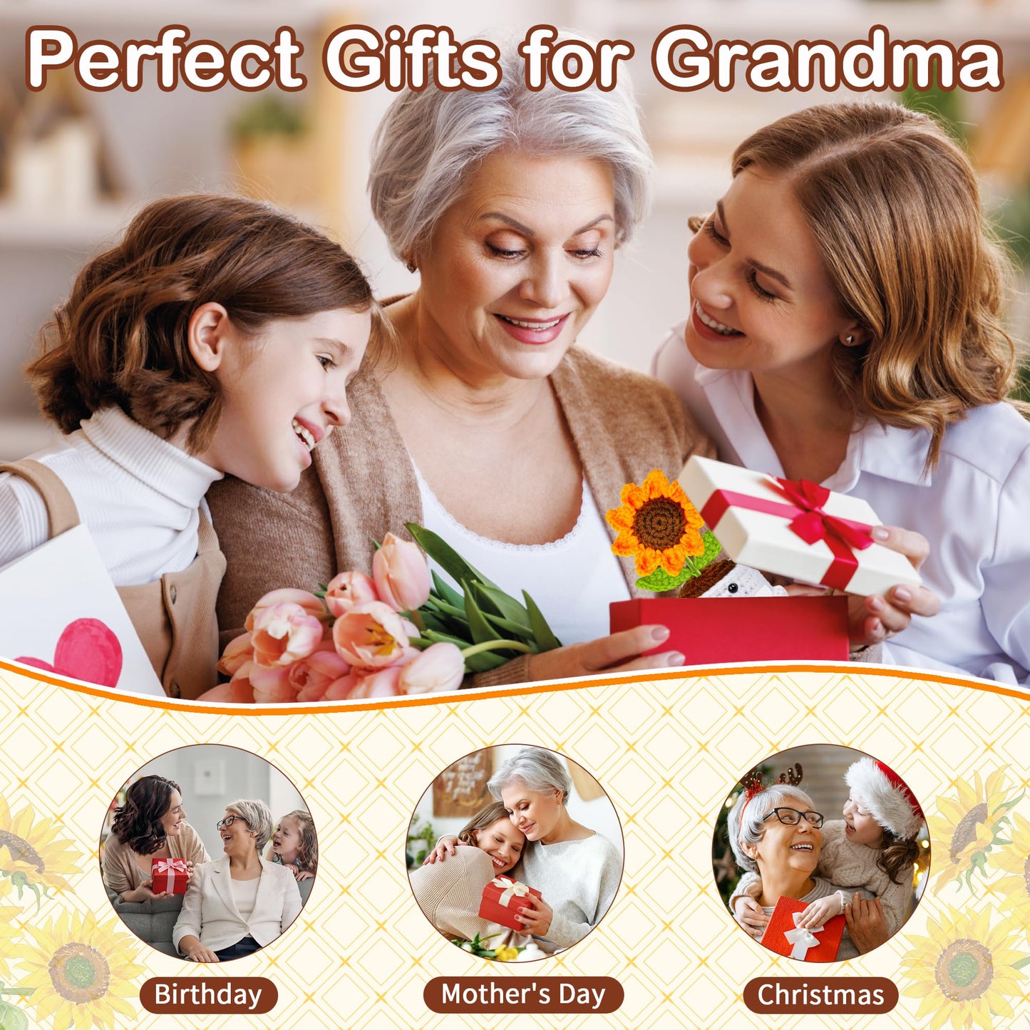 Qunland Easter Gifts for Grandma, Mothers Day Grandma Gifts from Grandkids, Handmade Crochet Mini Sunflower Pot Doll Birthday Gift for Nana Grandmother GaGa, Mother's Day I Love You for Gigi