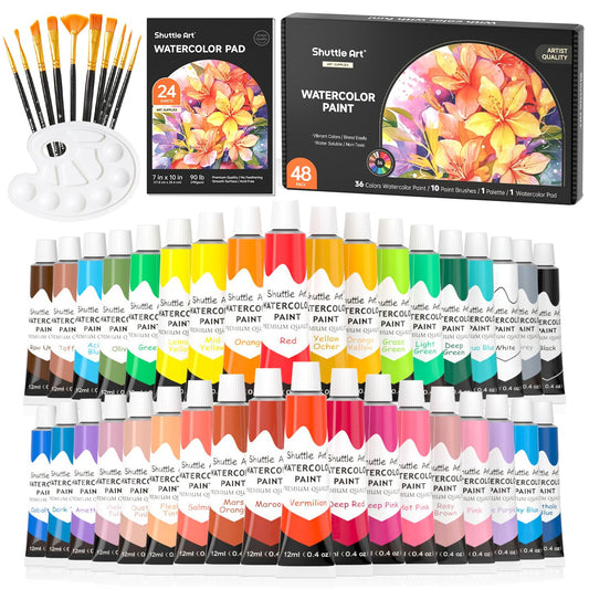 48 Pack Watercolor Paint Set, 36 Colors Watercolor Paint in Tubes (12ml Each) with 10 Brushes, 1 Watercolor Pad, 1 Palette, Premium Watercolor Kit for Artist, Beginners, Kids