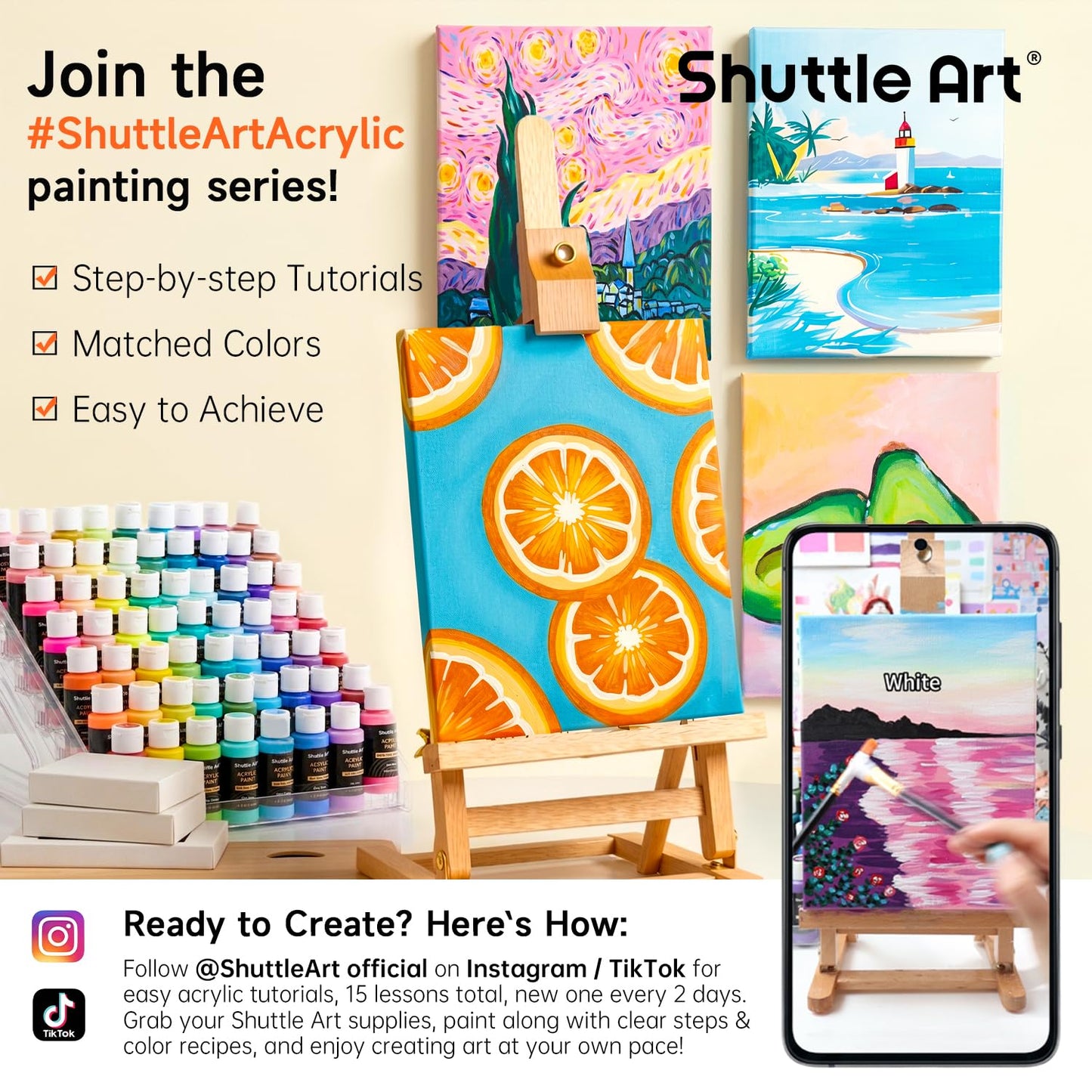 72 Pack Acrylic Paint Set, Shuttle Art 60 Colors Acrylic Paint Including Extra White Black & 12 Brushes, 2oz/60ml, Rich Pigmented, Water Proof, Ideal for Artists, Beginners on Canvas Rock Wood Ceramic