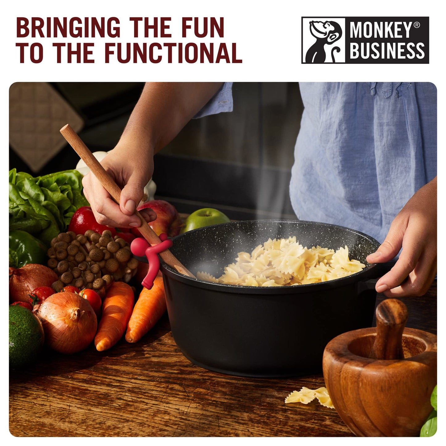 Monkey Business Spoon Saver - Hug Doug Silicone Spoon Saver and Rest, Adjustable to Most Kitchen Cooking Utensils, Red