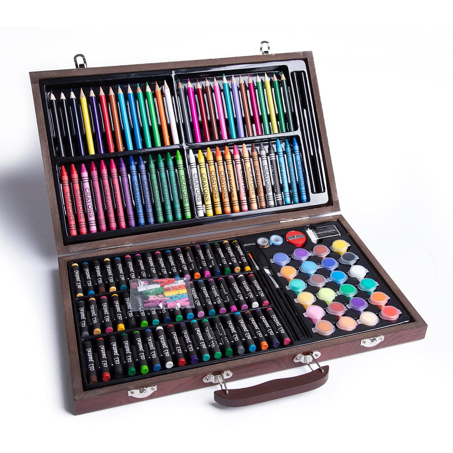 GRANDAN 145 Pieces Deluxe Art Set in Portable Wooden Box Drawing Kit Set with Oil Pastels, Crayons, Colored Pencils, Watercolor Cakes, Brushes, Wooden Case Art Supplies (Wooden)