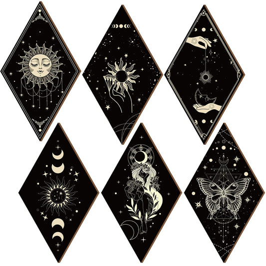 6 Pieces Boho Wall Decor Sun Moon Phases Wall Art Gothic Minimalist Stars Sun Hanging Wooden Home Decor Farmhouse Pediments for Gallery Living Bedroom Room(Boho)