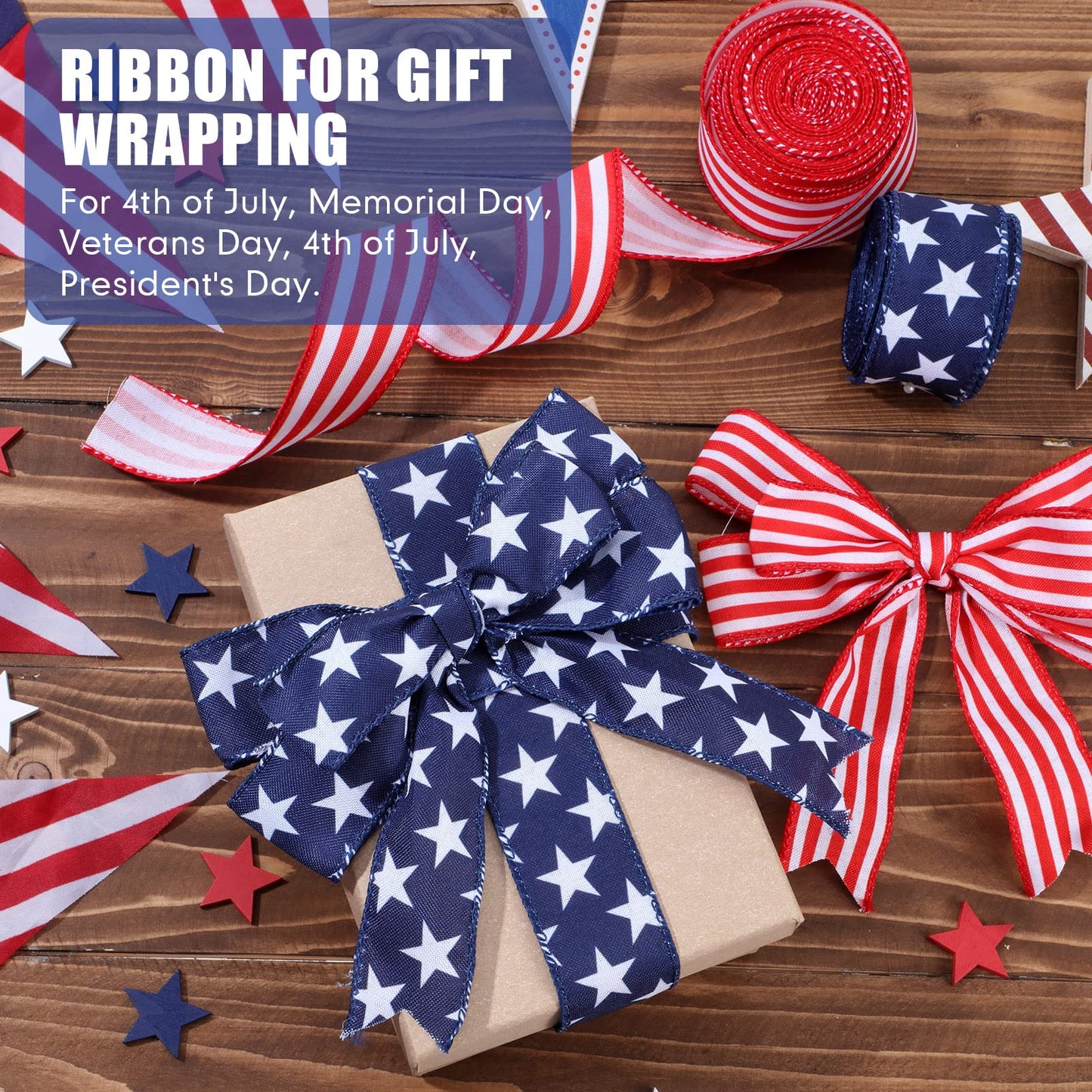 Hoteam 250th Anniversary 2 Rolls 20 Yard Red White and Blue Ribbon Patriotic Star and Striped Wired Royal USA Ribbon DIY Crafts for Xmas Holiday Decor(1.5 Inch,Red, White, Blue)