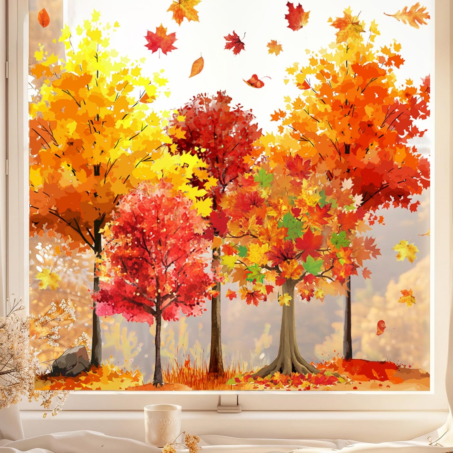 9 Sheets Fall Window Clings Maple Leaves Tree Window Stickers Double-Sided Glass Decals for Autumn Harvest Thanksgiving Home Party Decoration