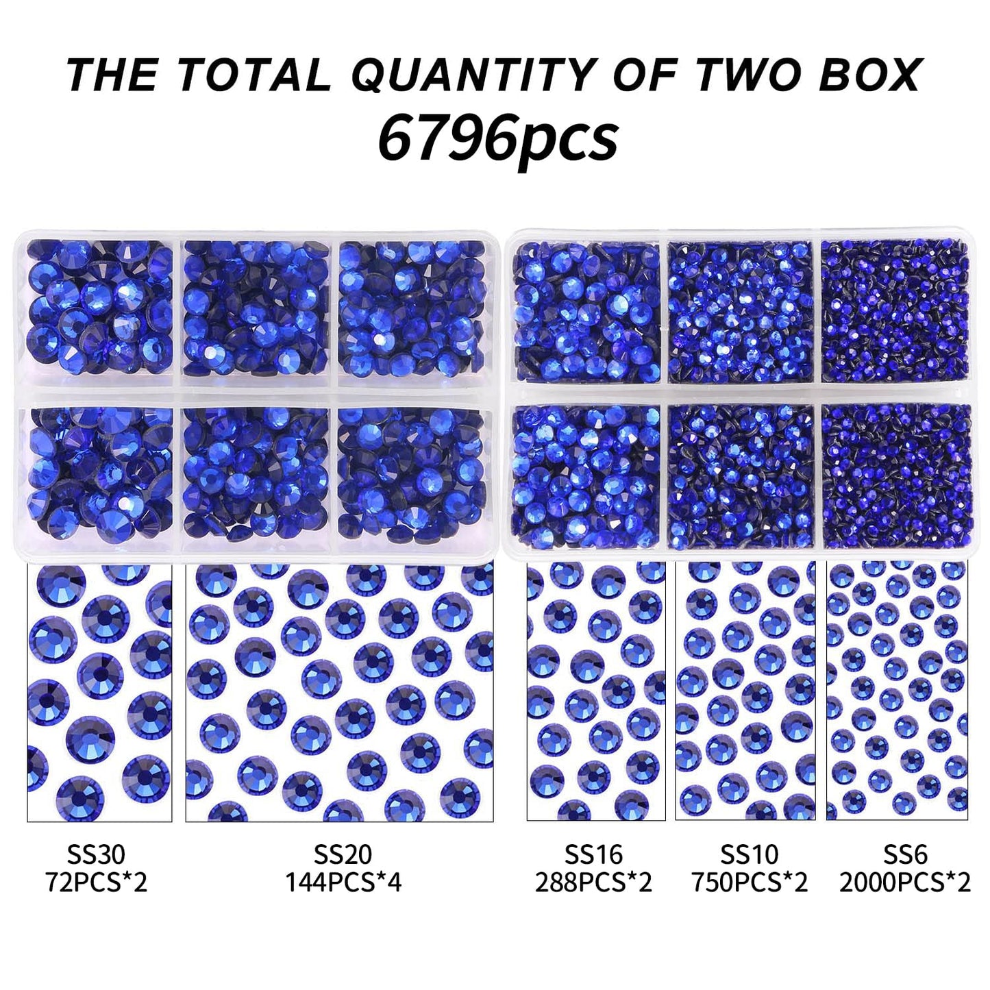 MEIBITE 6796PCS Blue Hotfix Rhinestones Crystal Stones Glass for Fabric Clothes Shirts Sparkly Flat Back Round with Tweezers and Picking Pen (SS6~SS30 Set)