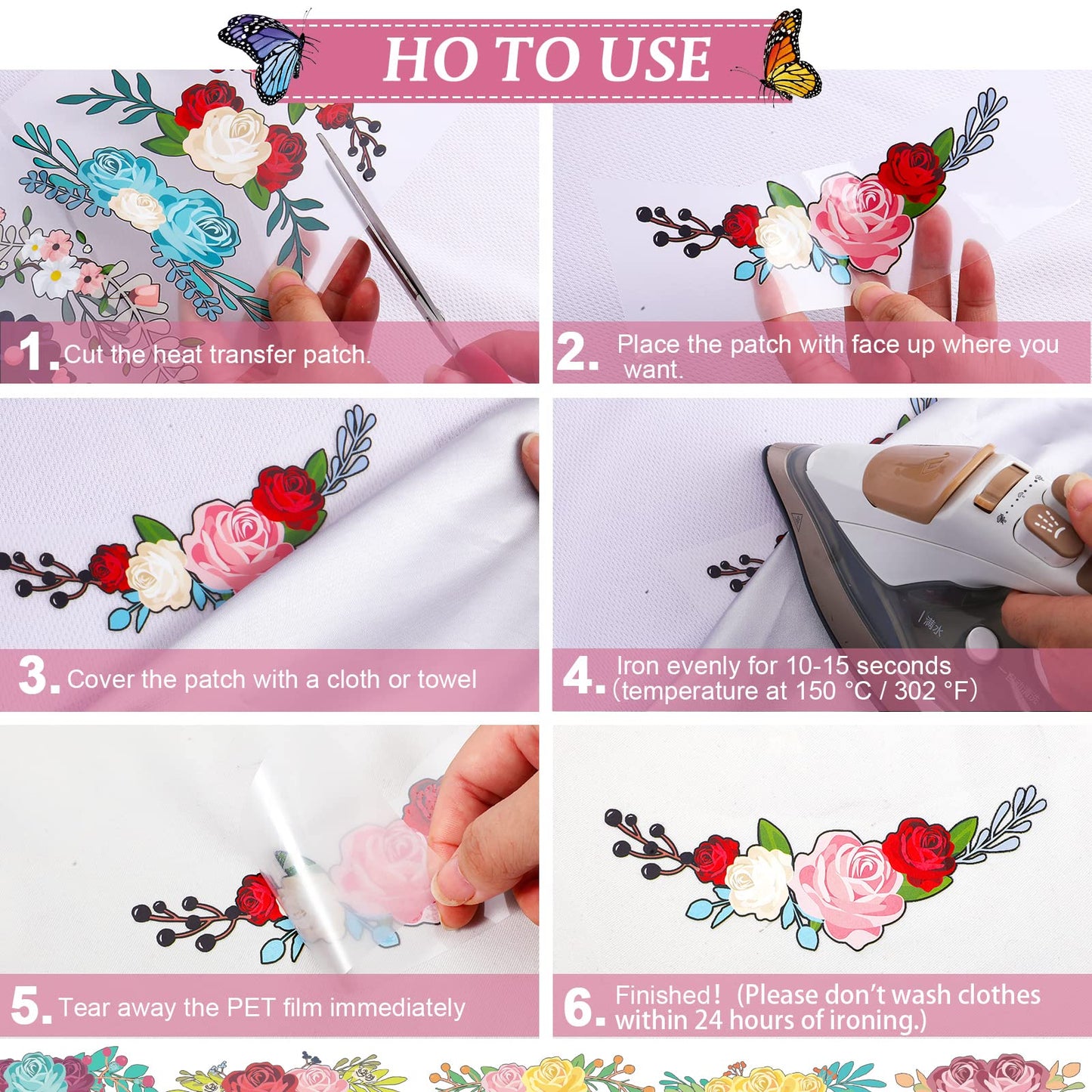 Flower Iron on Heat Transfer Patches and Butterfly Stickers Iron on, Iron on Decals Clothing Appliques for Clothes Jacket Shirts Dress Backpacks (49 Pcs)