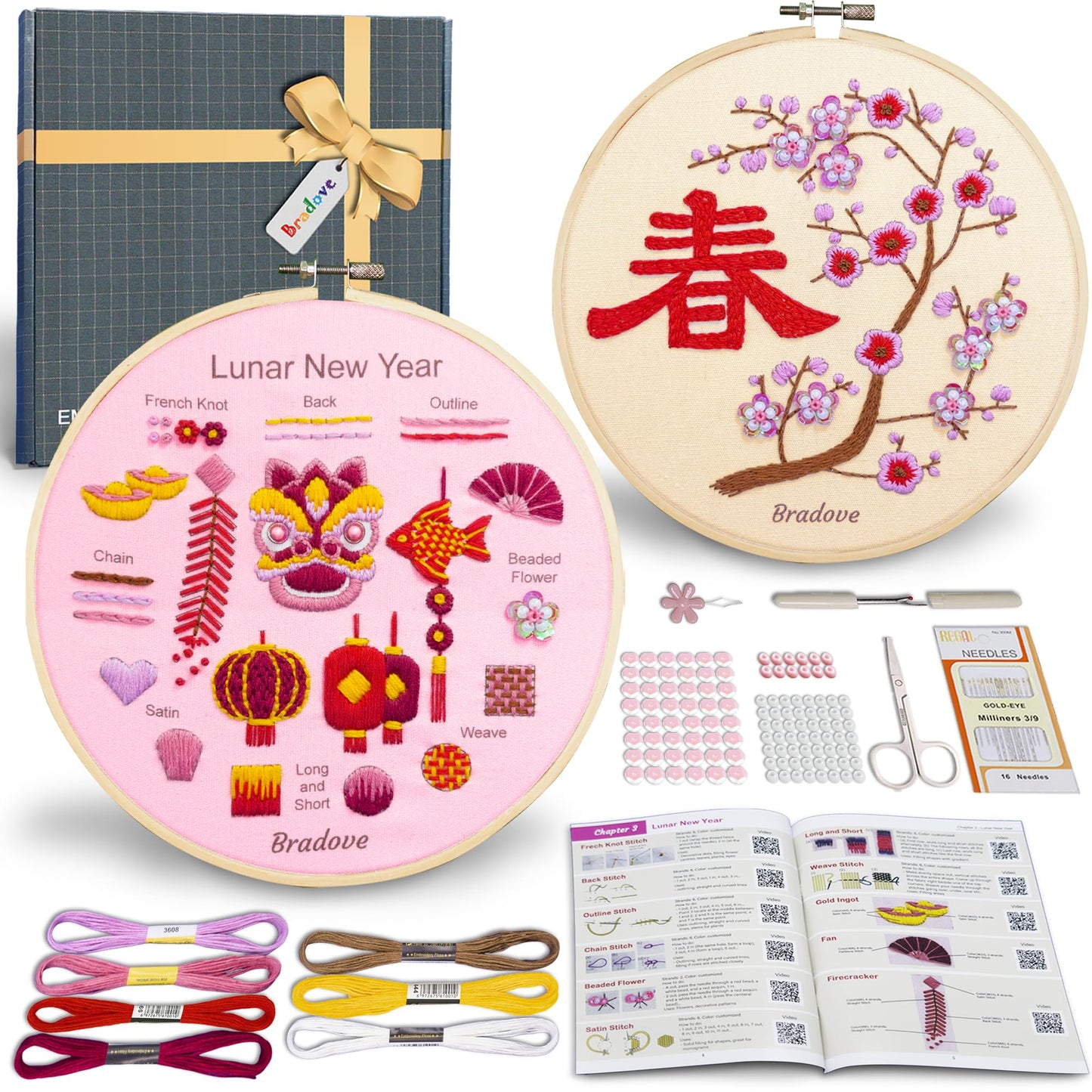 Bradove Lunar New Year Beginners Embroidery Kit for Adults Kids, Learn to Embroider Oriental Patterns, Stitches Kit, Bead Embroidery Kit, Beginner Embroidery Practice