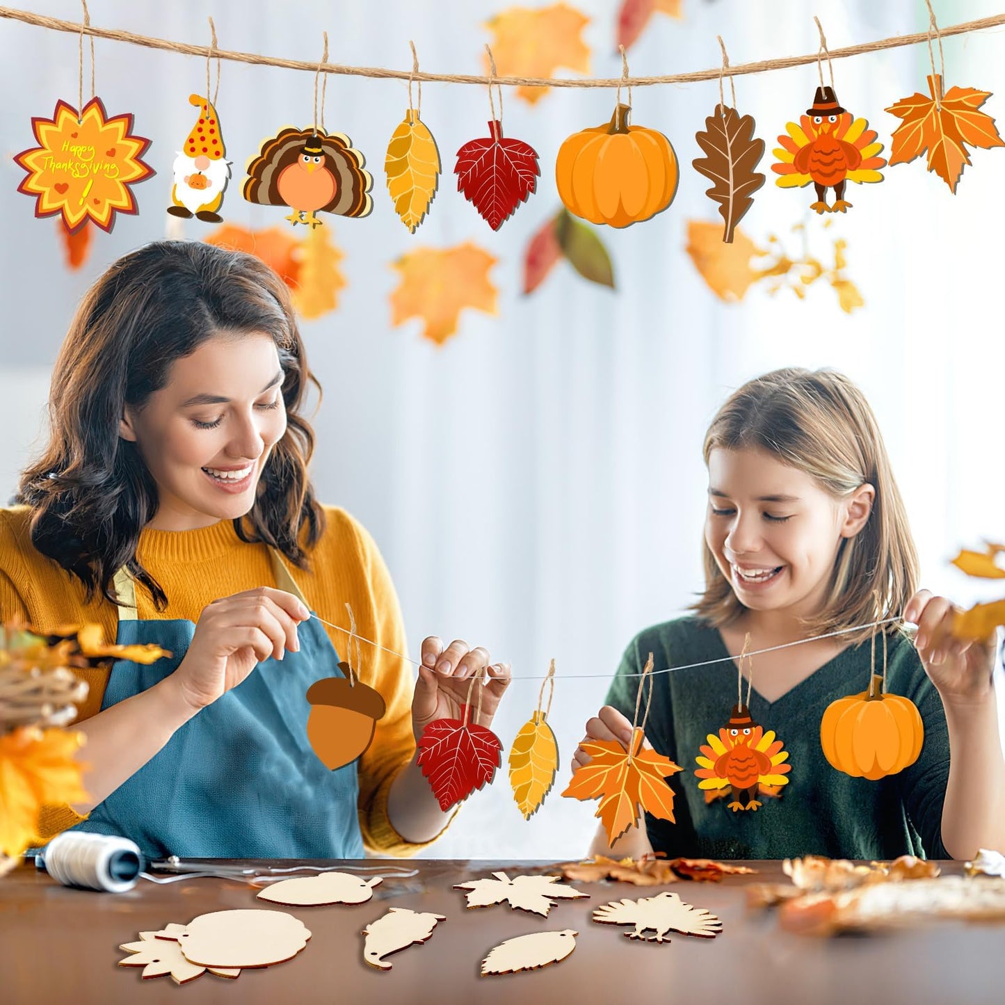 50 Pieces Thanksgiving Wooden Ornaments Fall Autumn Leaf Blanks Pendants Maple Leaves Pumpkin Unfinished Wood Slices Hanging for Fall Party Festivals DIY Crafts Decoration, 10 Styles