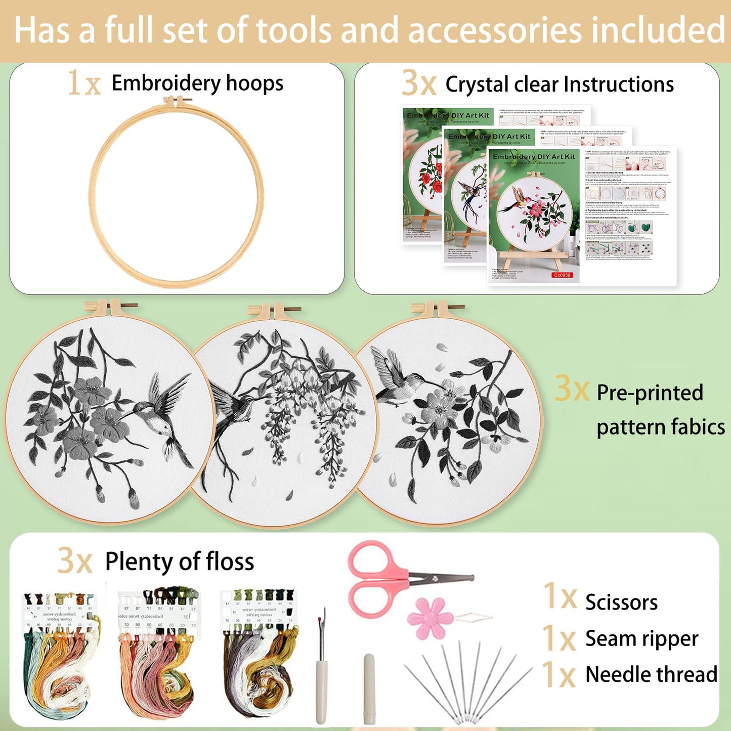 3 Sets Hummingbird Embroidery Kit for Beginners Needlepoint Kits for Adults Cross Stitch Kits with Clear Instructions,Easy Funny Stamped Bird Patterns Fabric Hand Crafts