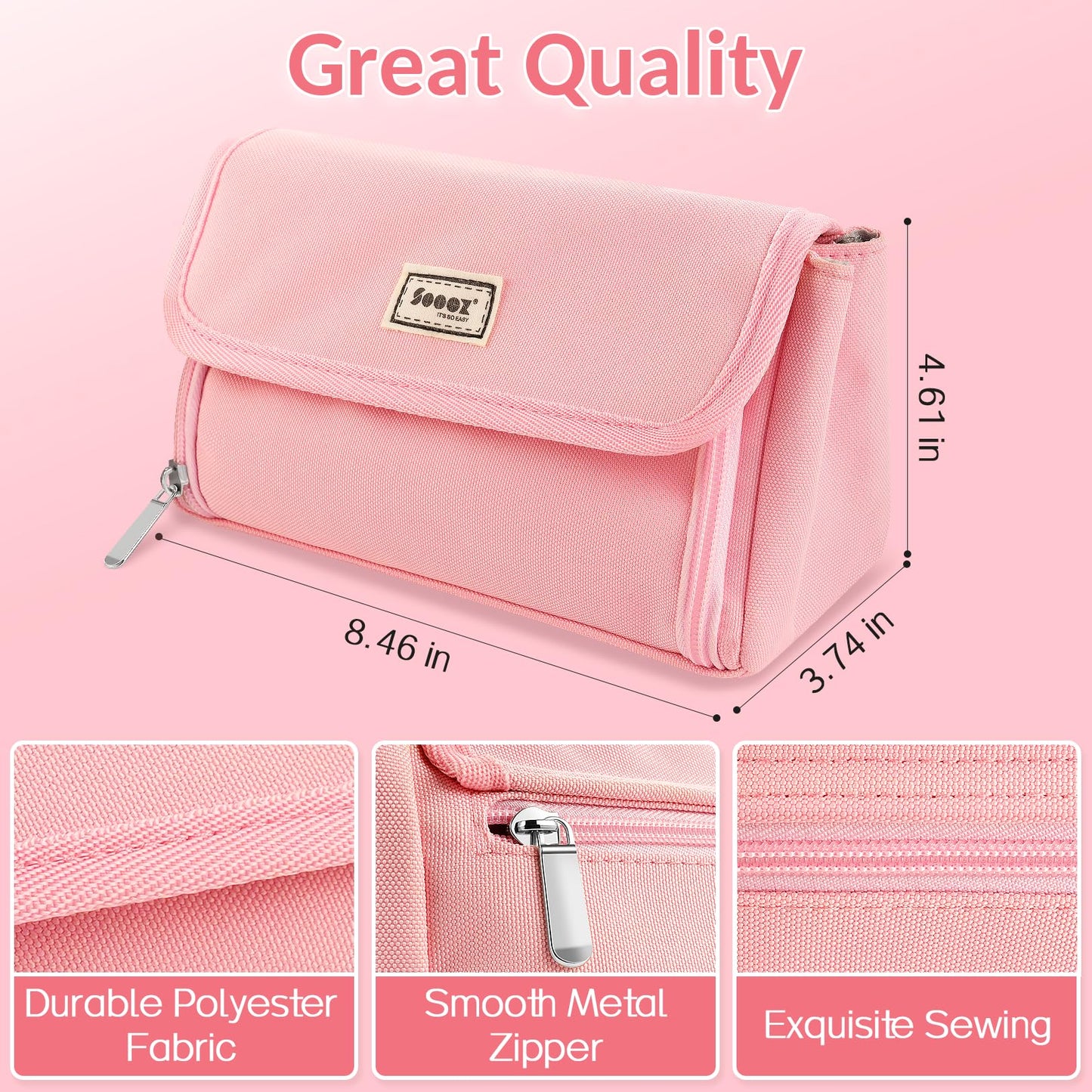 Sooez Super Large Pencil Case, Big Capacity Pencil Bag with 3 Compartments, can hold 100 pencils, Cute Pencil Pouch with Zipper, Portable Stationery Pen Bag, Aesthetic School Supplies For Girls, Pink