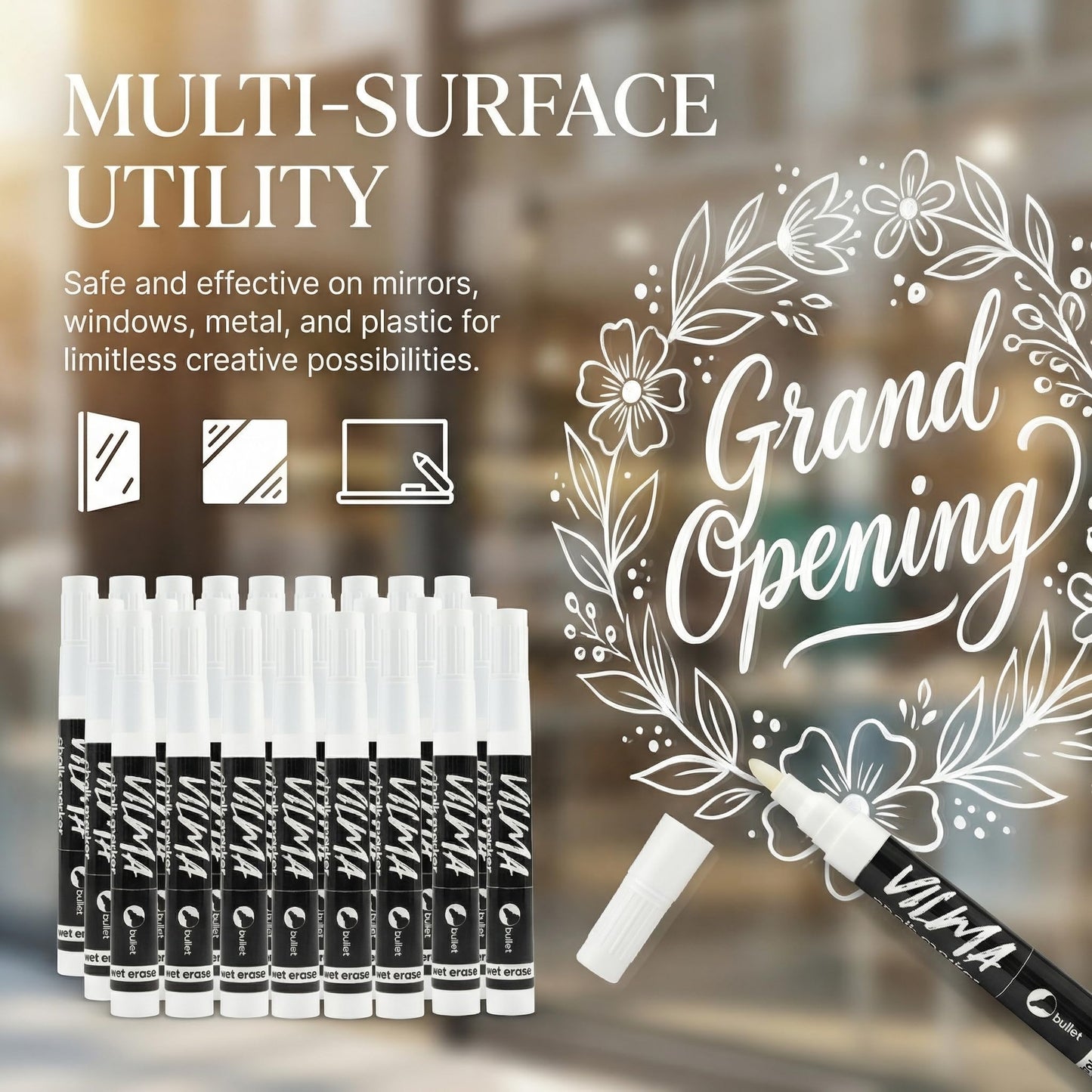 VILMA White Liquid Chalk Markers 36 Pack Chalk Pens for Blackboard, Chalkboard, Windows, Glass, LED Board, Bistro Signs – Erasable Water-Based Ink Ideal for Teachers, Artists & DIY Projects