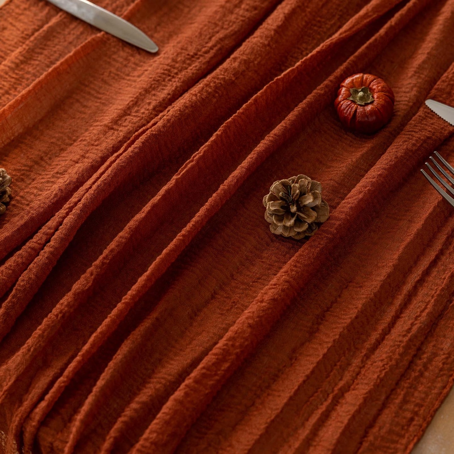 Keketo Fall Table Runner Terracotta Gauze Cheesecloth 120 Inch 10 FT Rustic Burnt Orange Cheese Cloth Table Runner for Wedding Baby Bridal Shower Party Rustic Boho Sheer Centerpiece Home Decorations