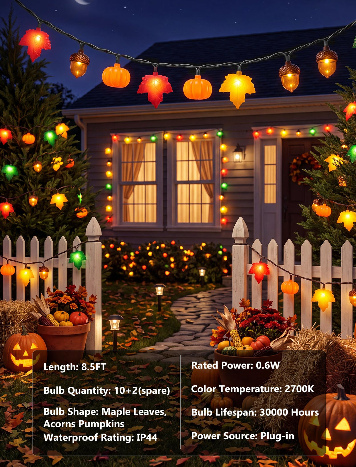 8.5FT 10LED Pumpkin Maple Leaf Acorn Fall String Lights Decorations Plug in