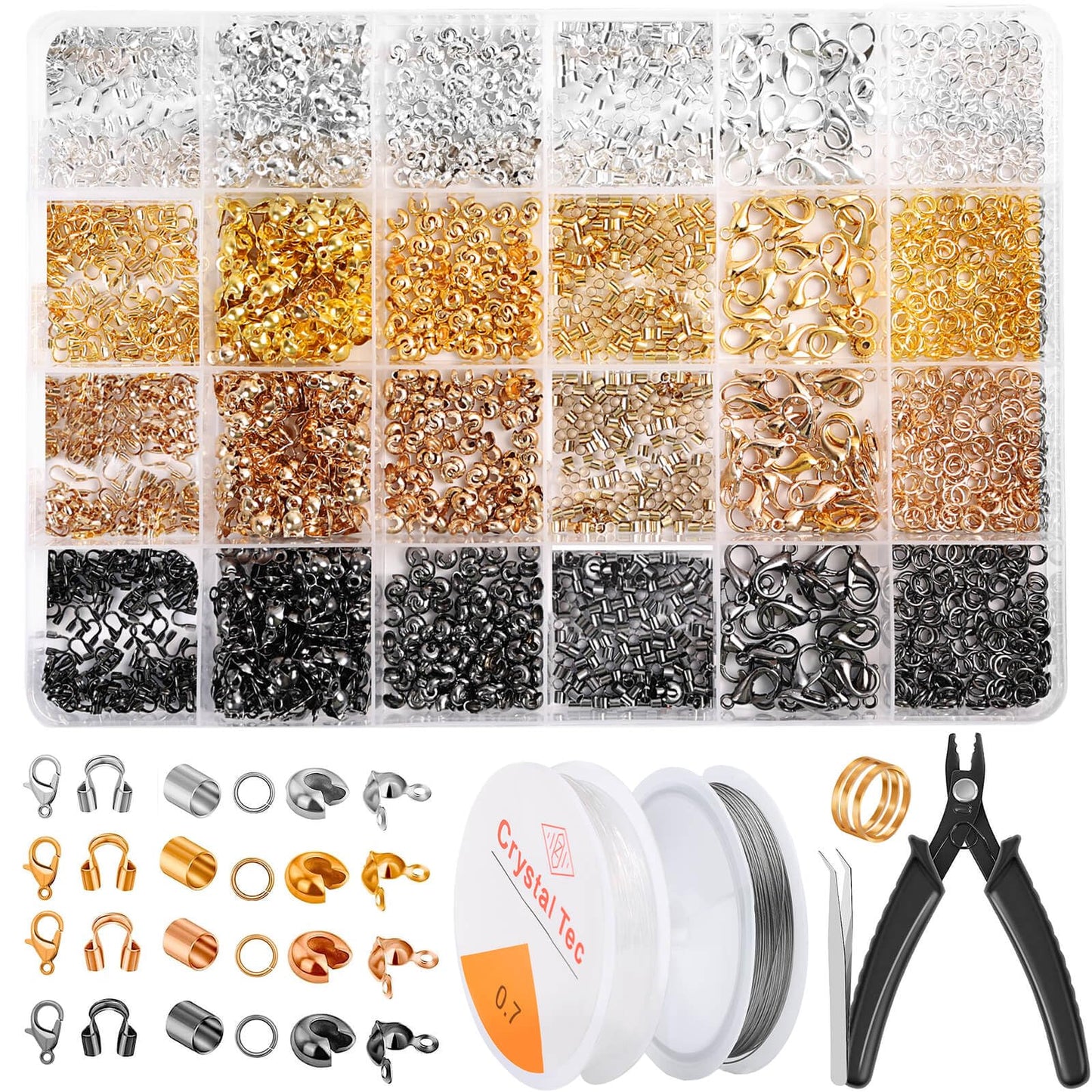 2160 Pieces Crimp Beads Kit for Jewelry Making, Knot Covers, Crimp Bead Covers, Crimp Tubes, Jump Rings and Wire Guardians with Crimping Pliers, Elastic String for Bracelets Necklaces Making