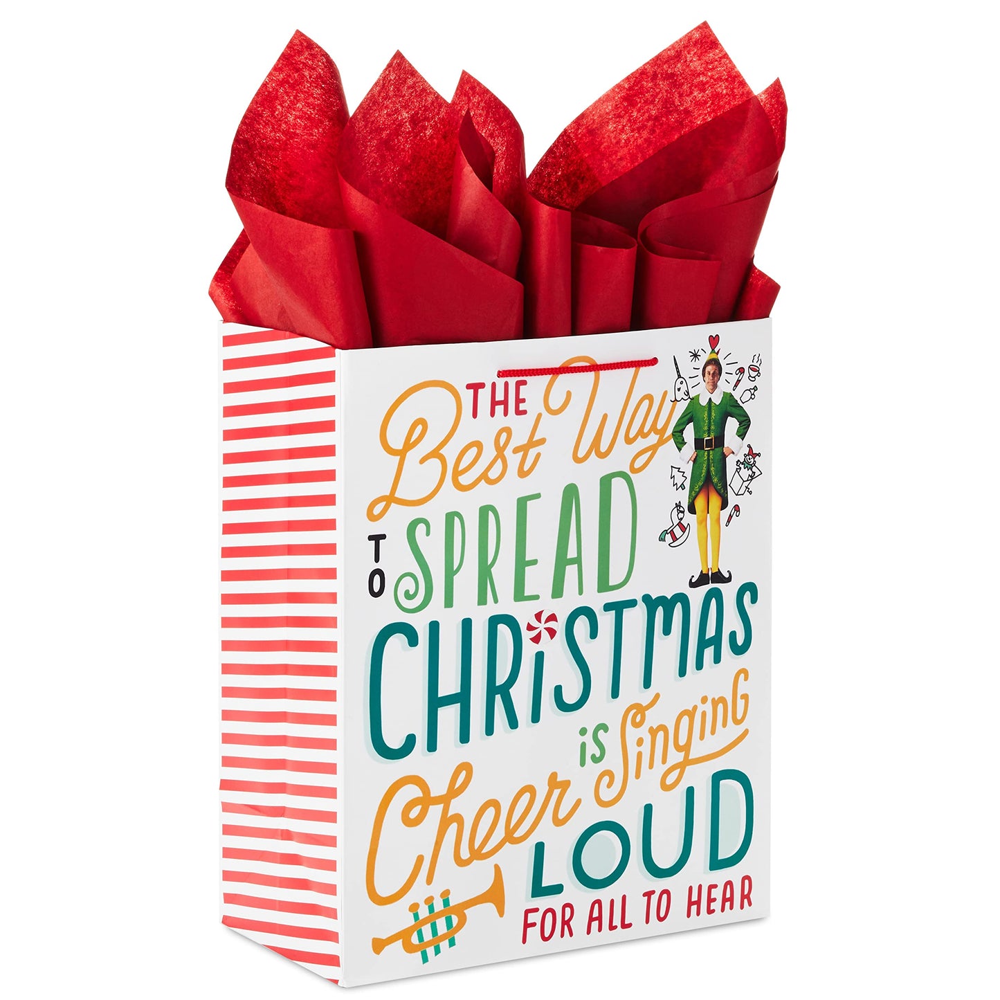 13" Large Elf Gift Bag with Tissue Paper (Movie Quote: "The Best Way to Spread Christmas Cheer…") for Kids, Grandchildren, Adults