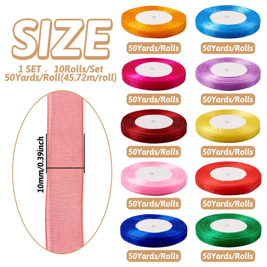10Rolls 500 Yards Organza Ribbon Roll 3/8" Wide Fabric Sheer Ribbon Trim Cord in Bulk Mixed Color for Gift Wrapping Hair Bows Crafts Christmas Party Decor Jewelry Making