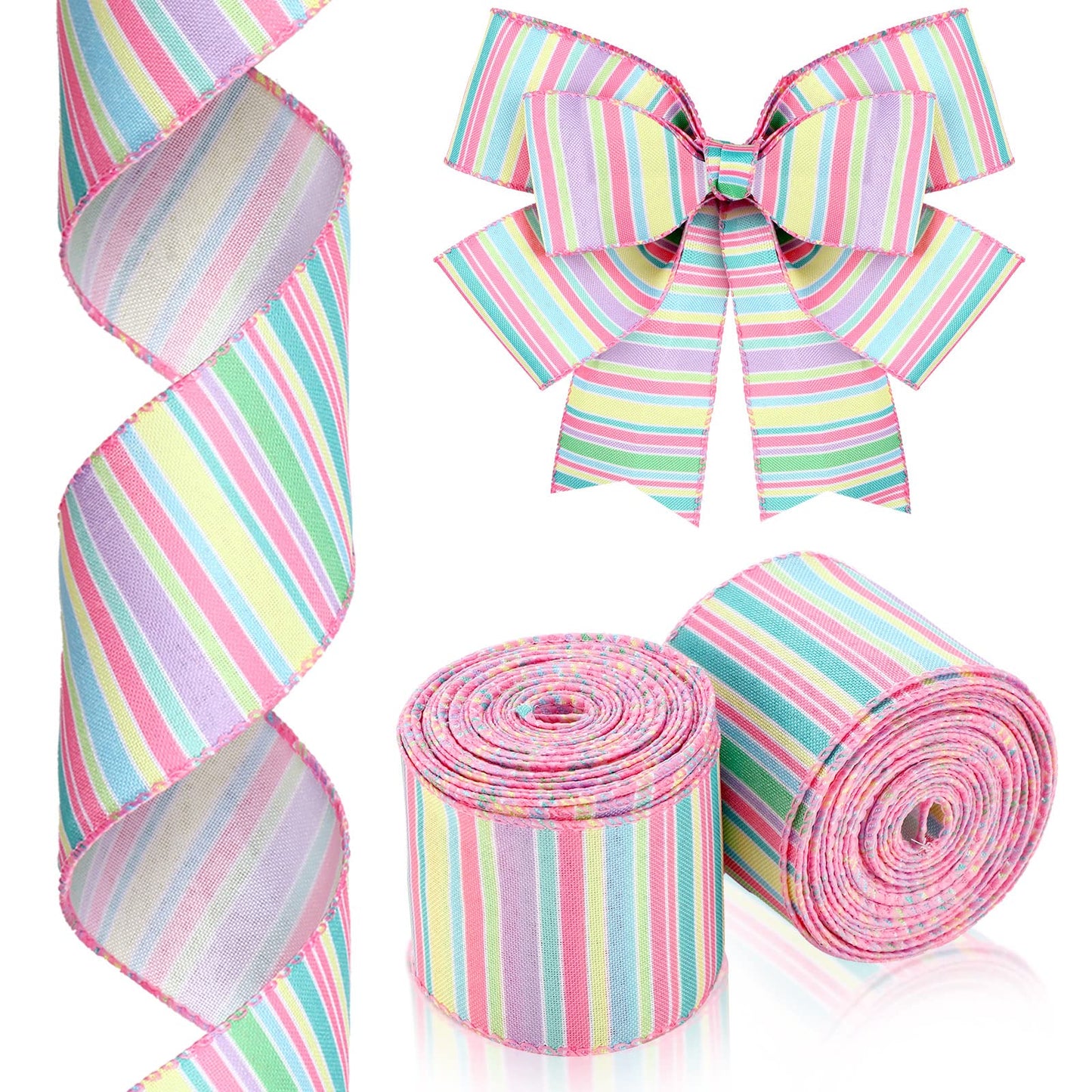 2 Rolls 20 Yards Easter Spring Wired Ribbon Pastel Wired Stripe Ribbon Edge Horizontal Stripe Canvas Spring Decorative Craft for Wrapping Christmas Party Crafting