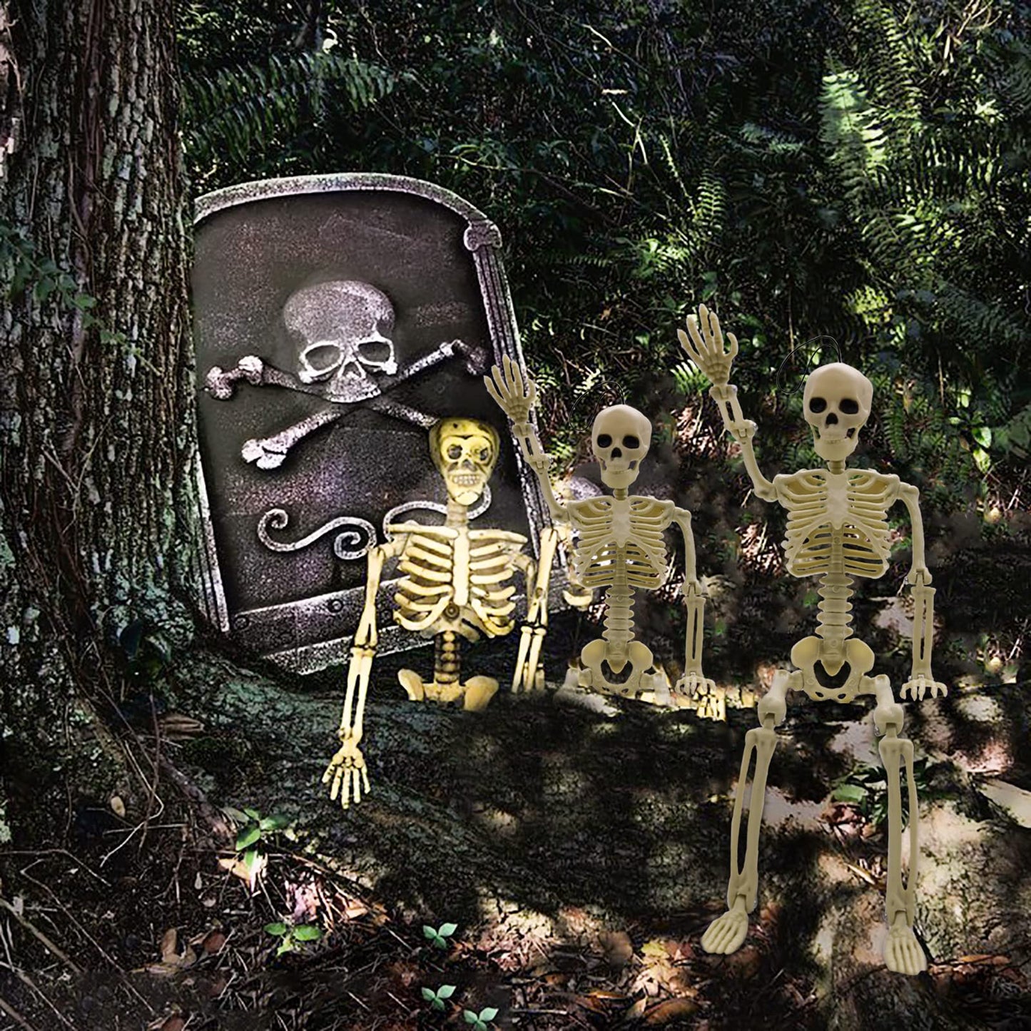 MEMOVAN 16" Halloween Skeleton 2pcs Full Body Posable Halloween Skeletons with Movable Joints Realistic Spooky Skeletons for Haunted House Graveyard Props Halloween Party Decorations