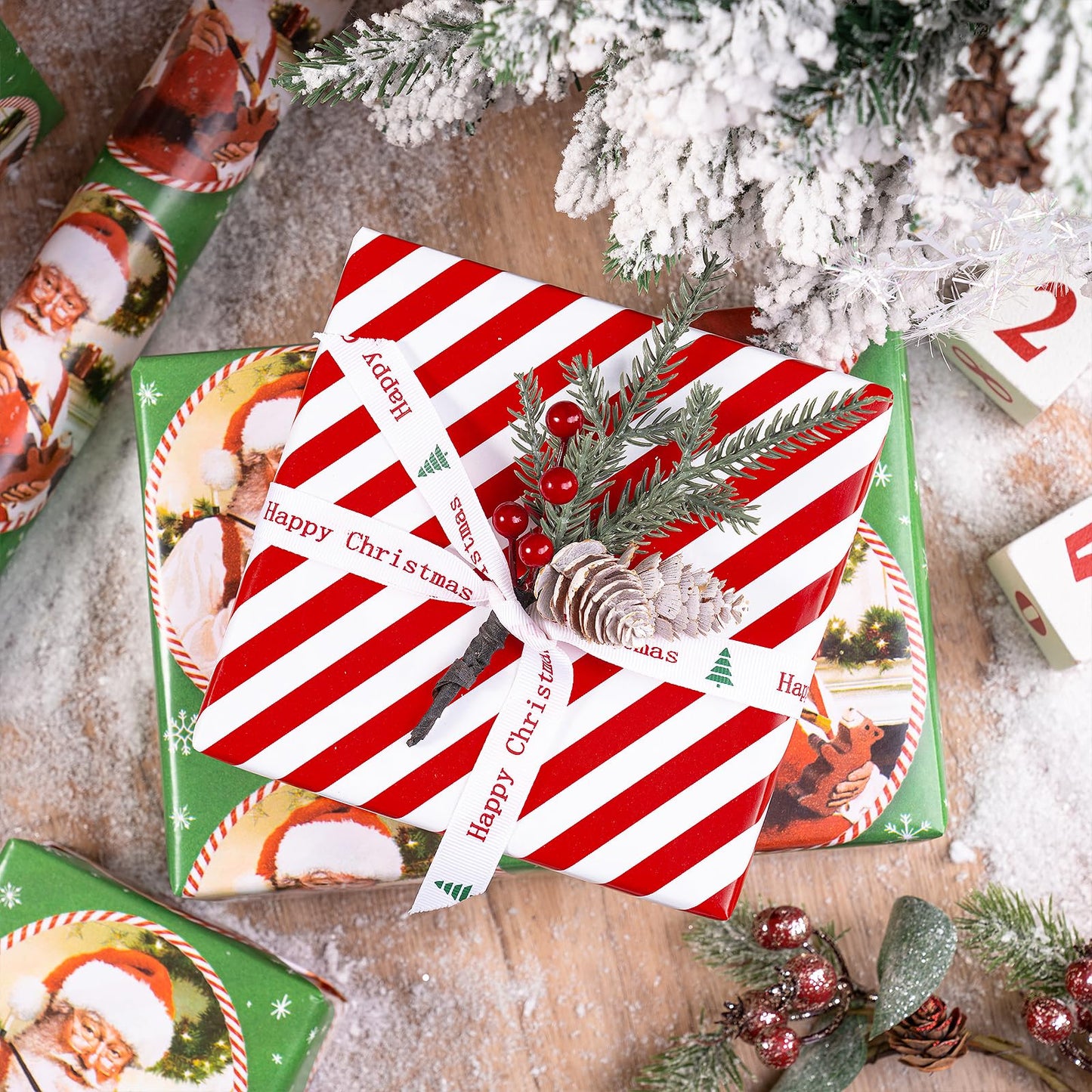 Christmas Reversible Wrapping Paper Roll, Mini Roll, Vintage Red Green Santa Claus Design and Red White Candy Cane Stripe Pattern Gift Wrap Paper for Holiday Gifts, 17 Inches x 32.8 Feet