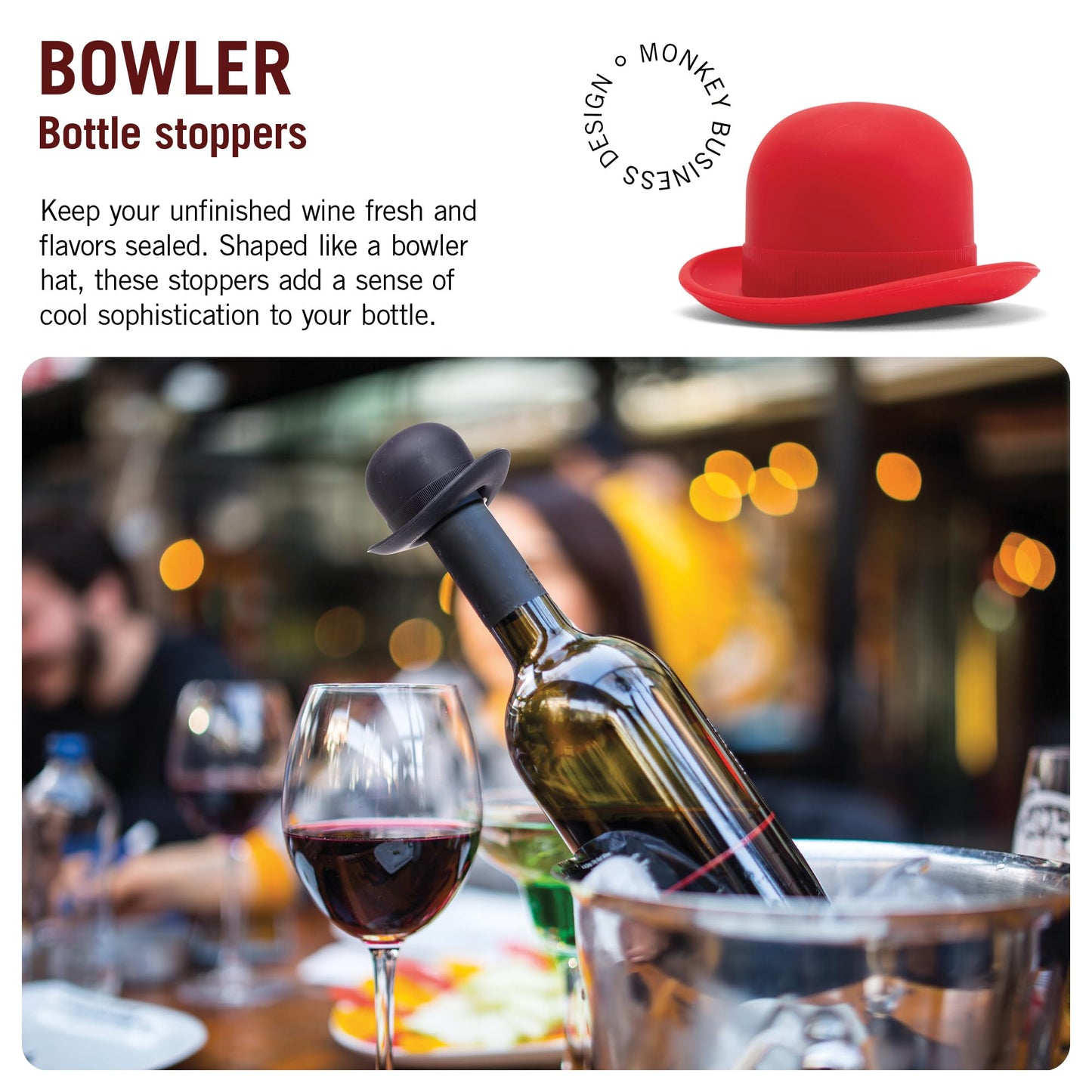 Monkey Business Silicone Wine Stopper | Seals Bottle and Keeps Wine Fresh/Cute Wine Accessories/Kitchen Gadgets/Bowler Hat Bottle Stopper (Set of 2)